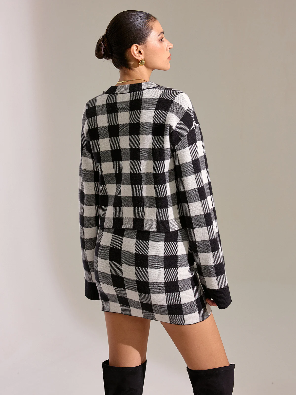 Checkered Wool Blend Button Cardigan - Wholesalesil