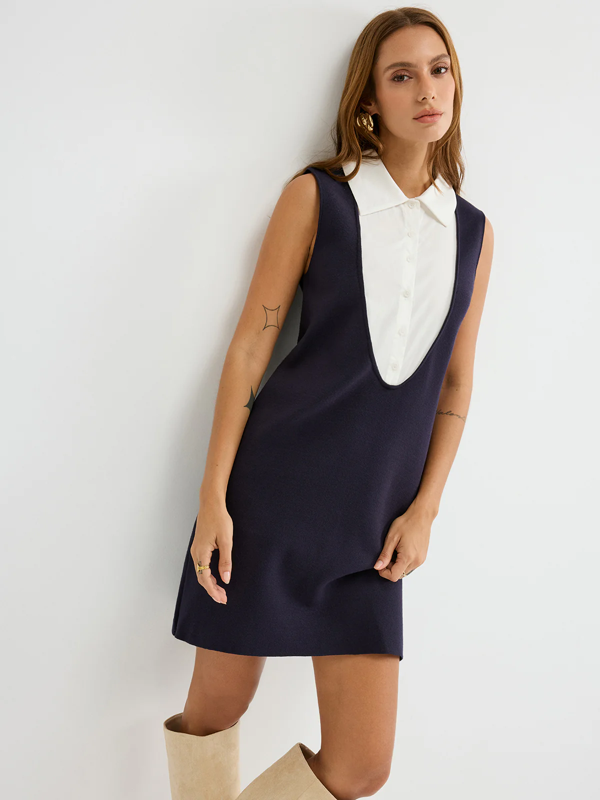 Contrast Shirt Panel Sleeveless Mini Dress - Wholesalesil