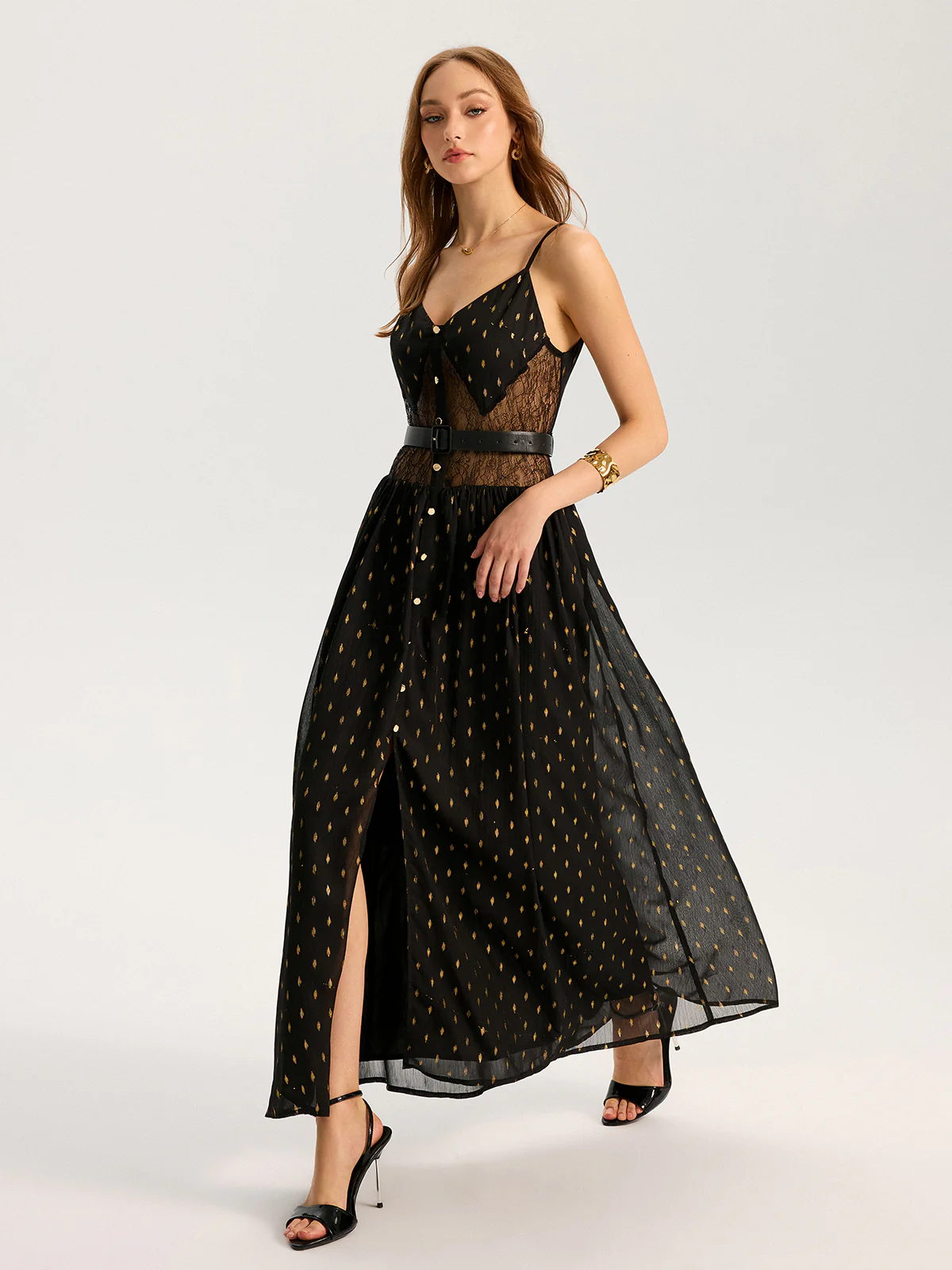 Semi-Sheer Lace Panel Slit Maxi Dress with Belt - Wholesalesil