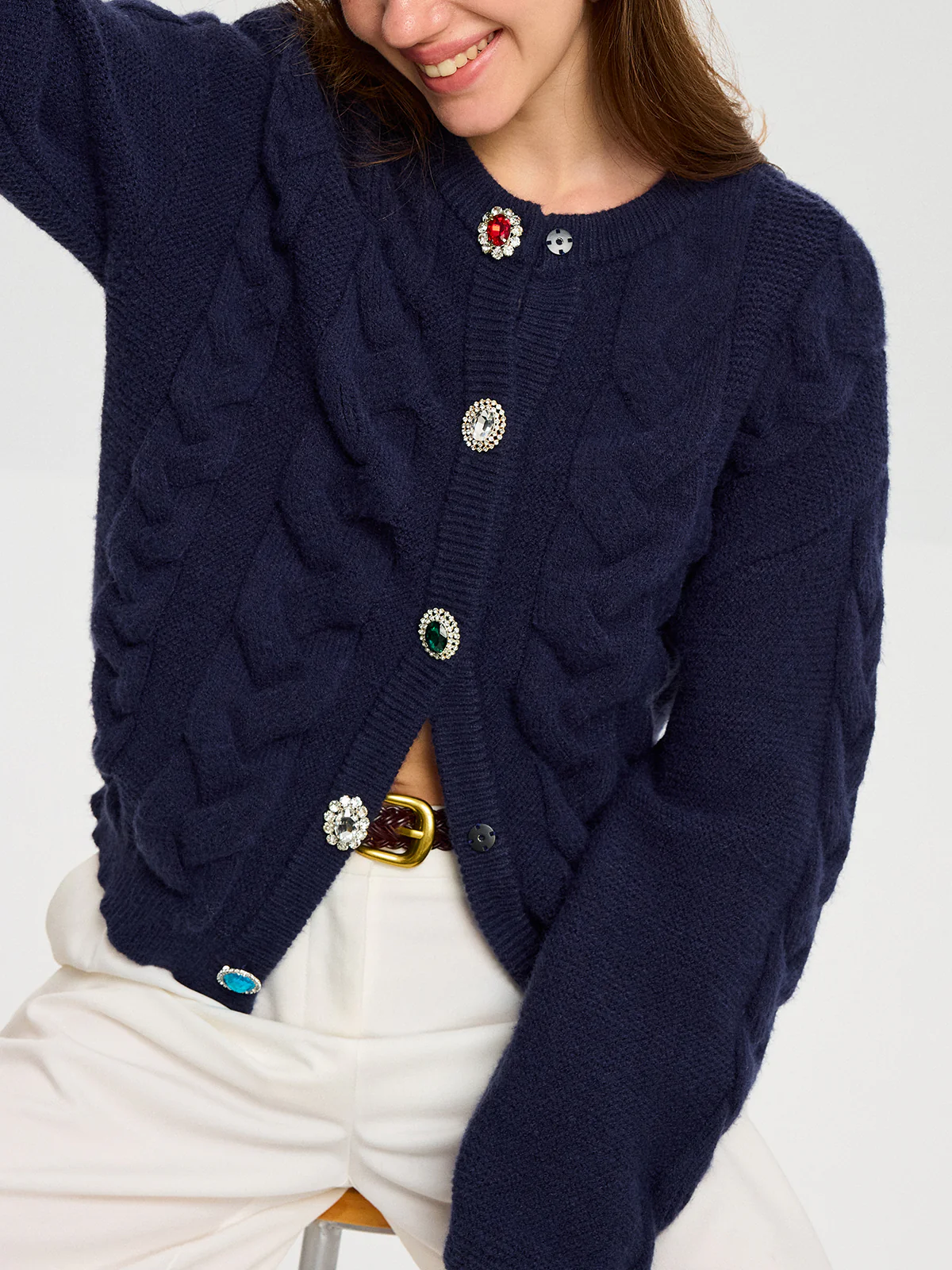 Cable Knit Rhinestone Button Cardigan - Wholesalesil
