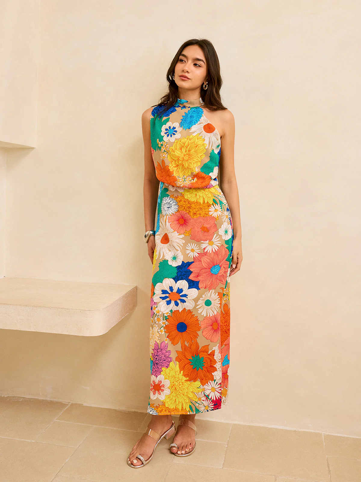 Floral Print Maxi Dress with Tie Back - Wholesalesil