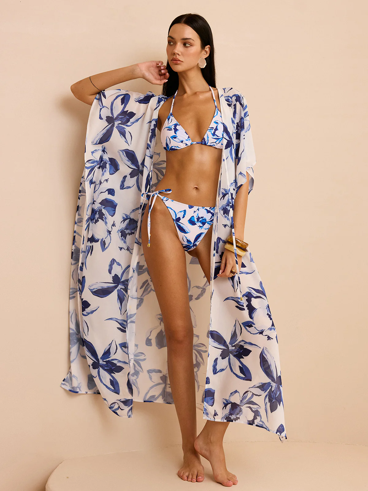 Sheer Floral Kimono Cover Up with Tie-Front - Wholesalesil