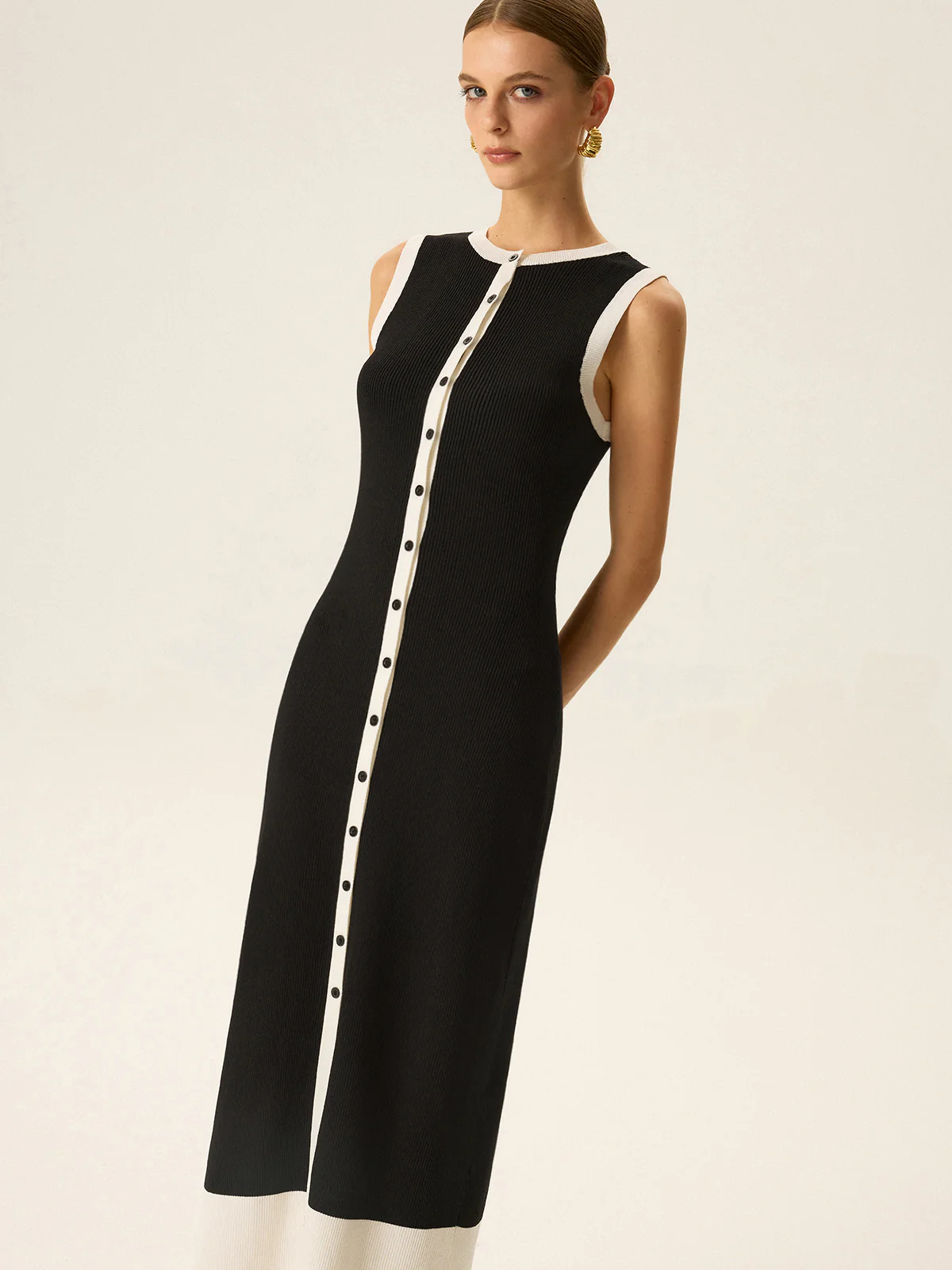 Contrast Trim Button Maxi Dress - Wholesalesil