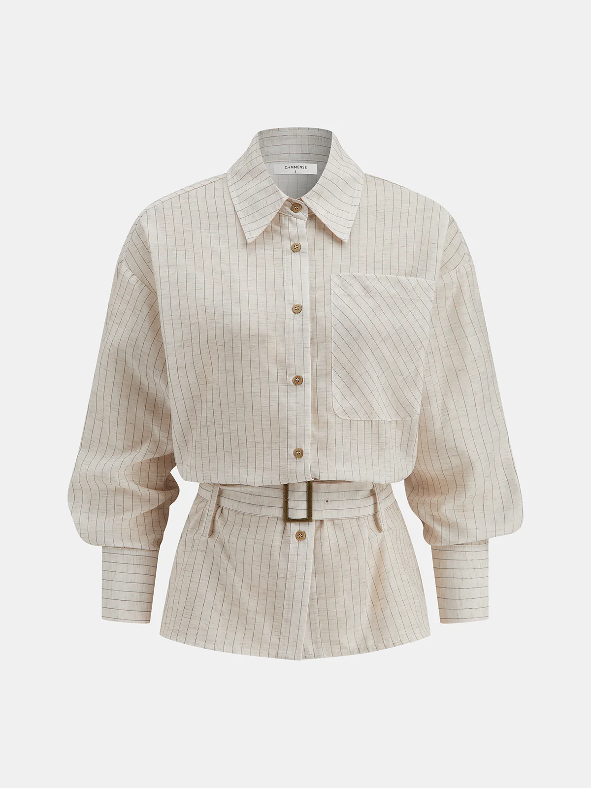 Balloon Sleeve Pinstripe Belted Shirt - Wholesalesil