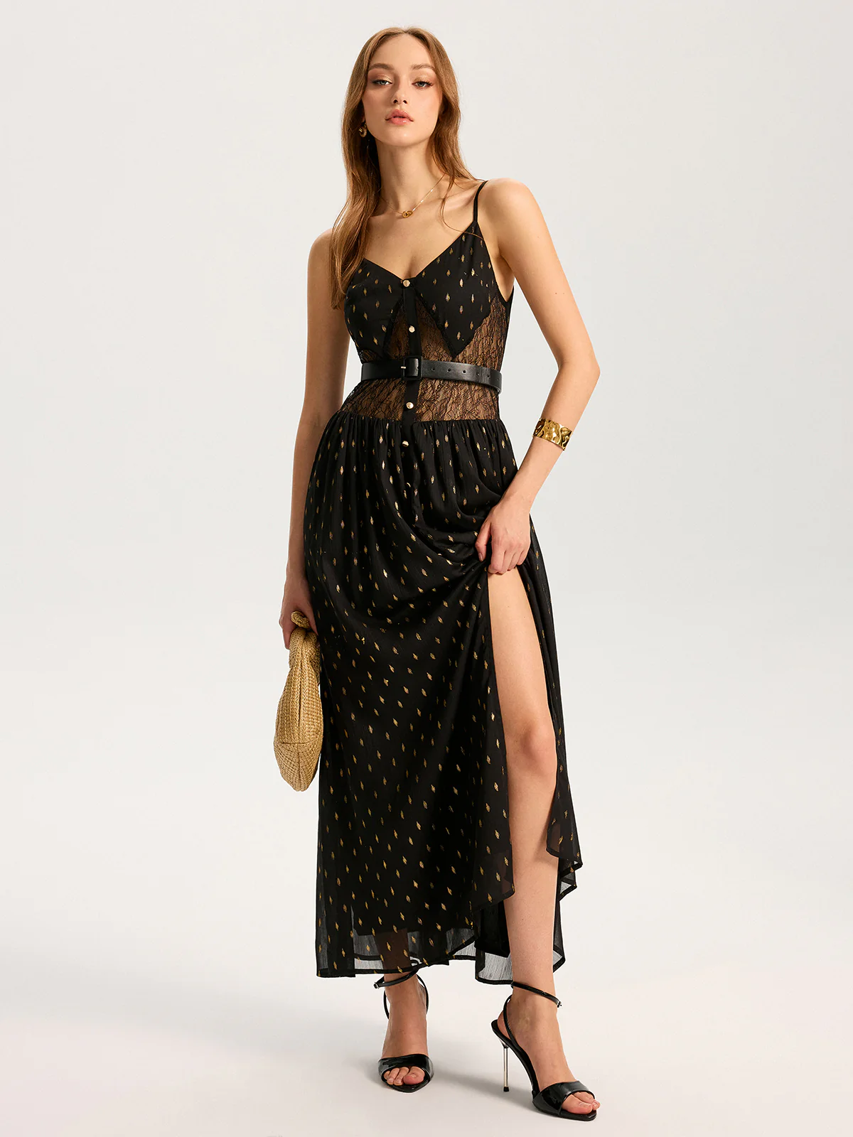 Semi-Sheer Lace Panel Slit Maxi Dress with Belt - Wholesalesil