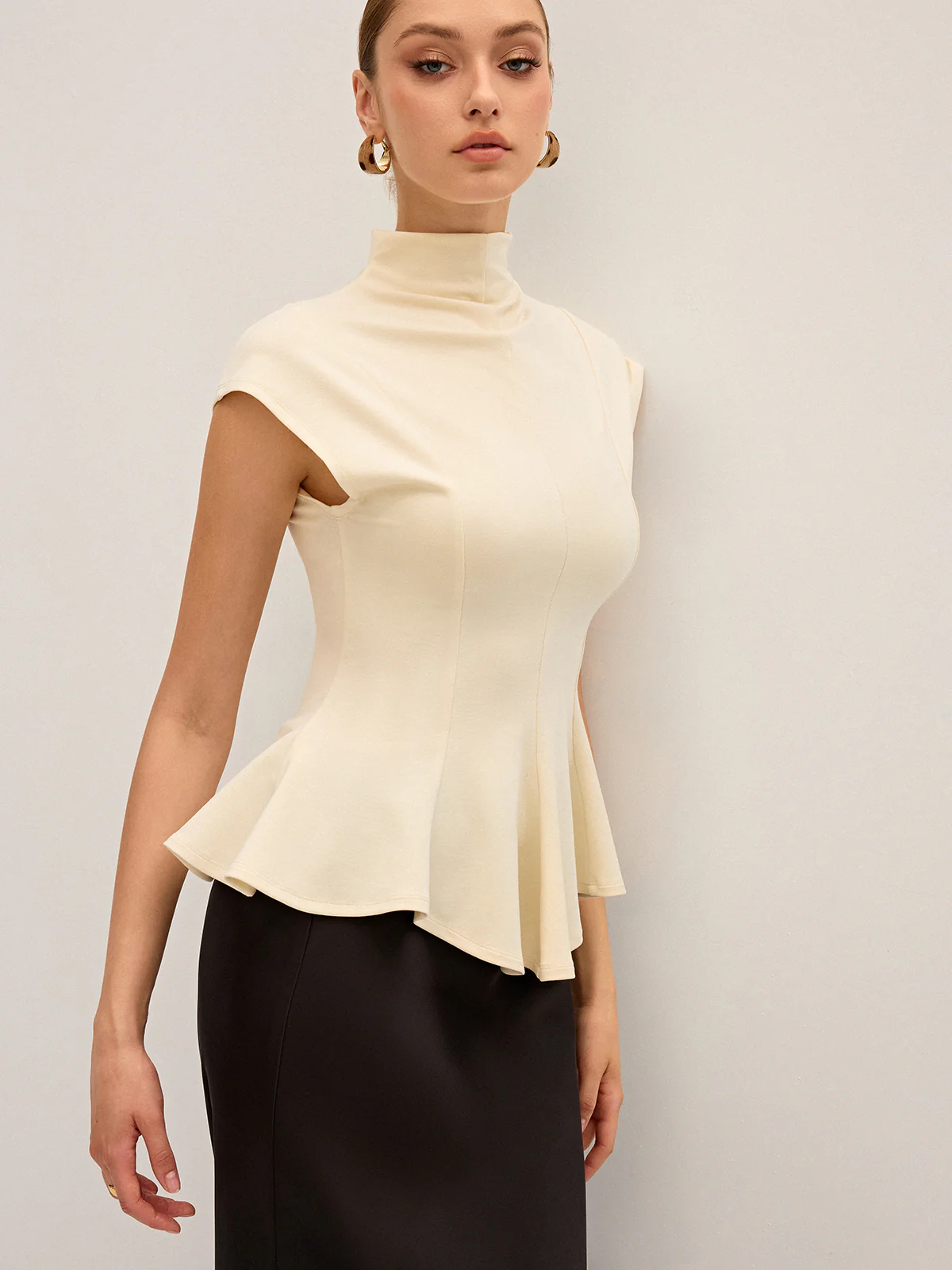 Mock Neck Cap Sleeve Peplum Top - Wholesalesil