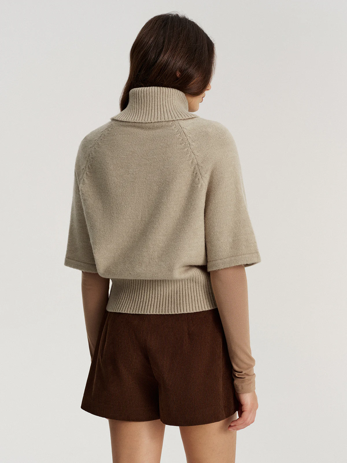 Turtleneck Cable Knit Short Sleeve Sweater without Belt - Wholesalesil