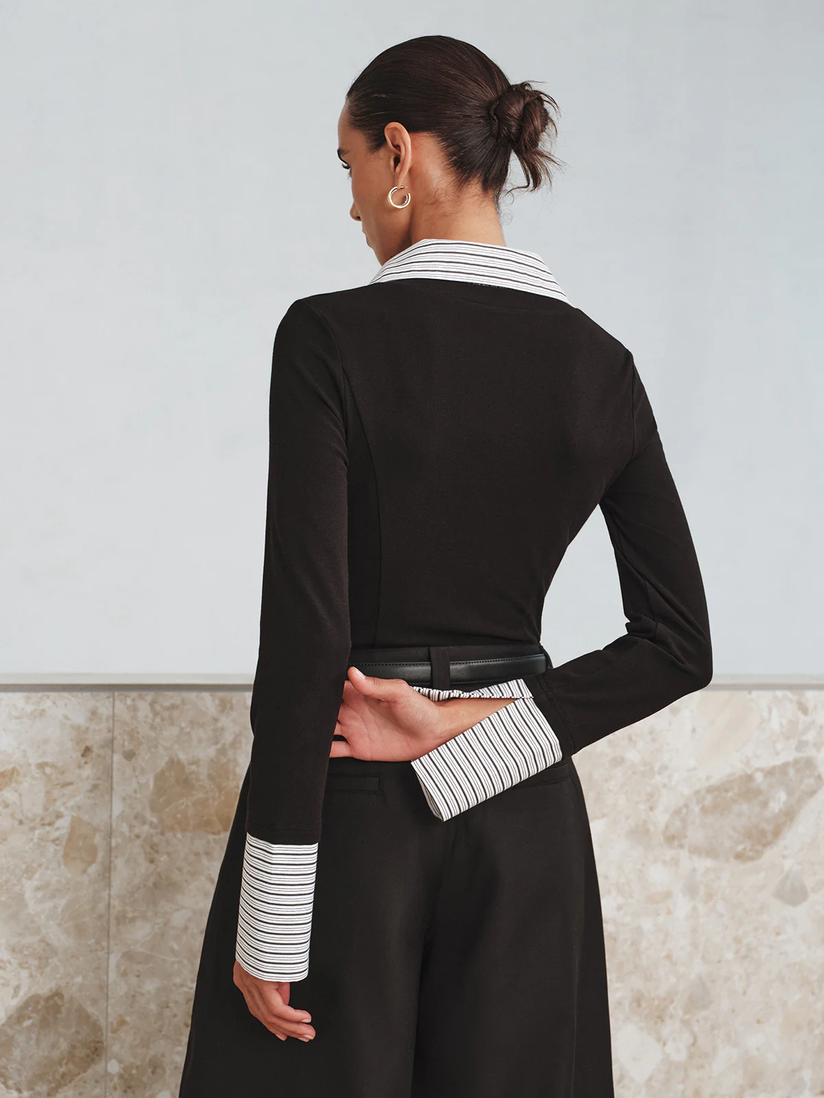 Mock Two-Piece Long-Sleeve Two Tone Polo Top - Wholesalesil