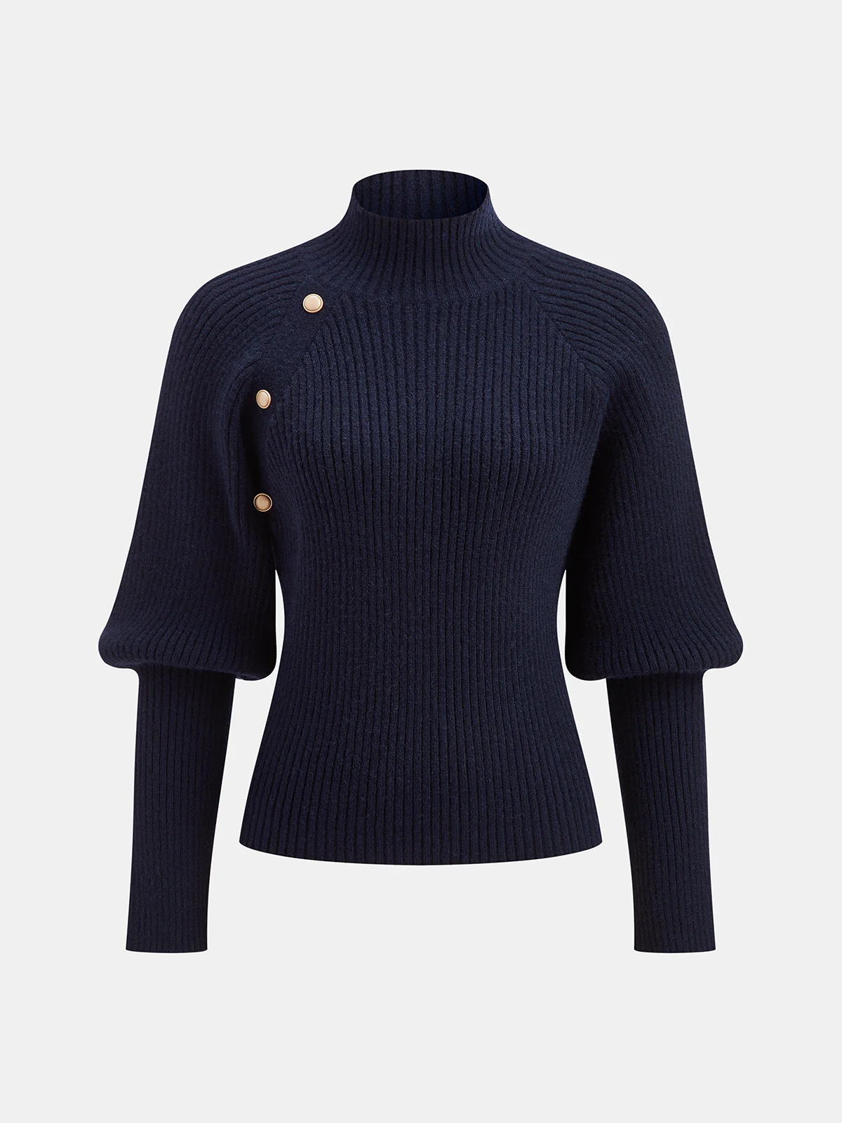 Metal Detail Mock Neck Puff Sleeve Sweater - Wholesalesil