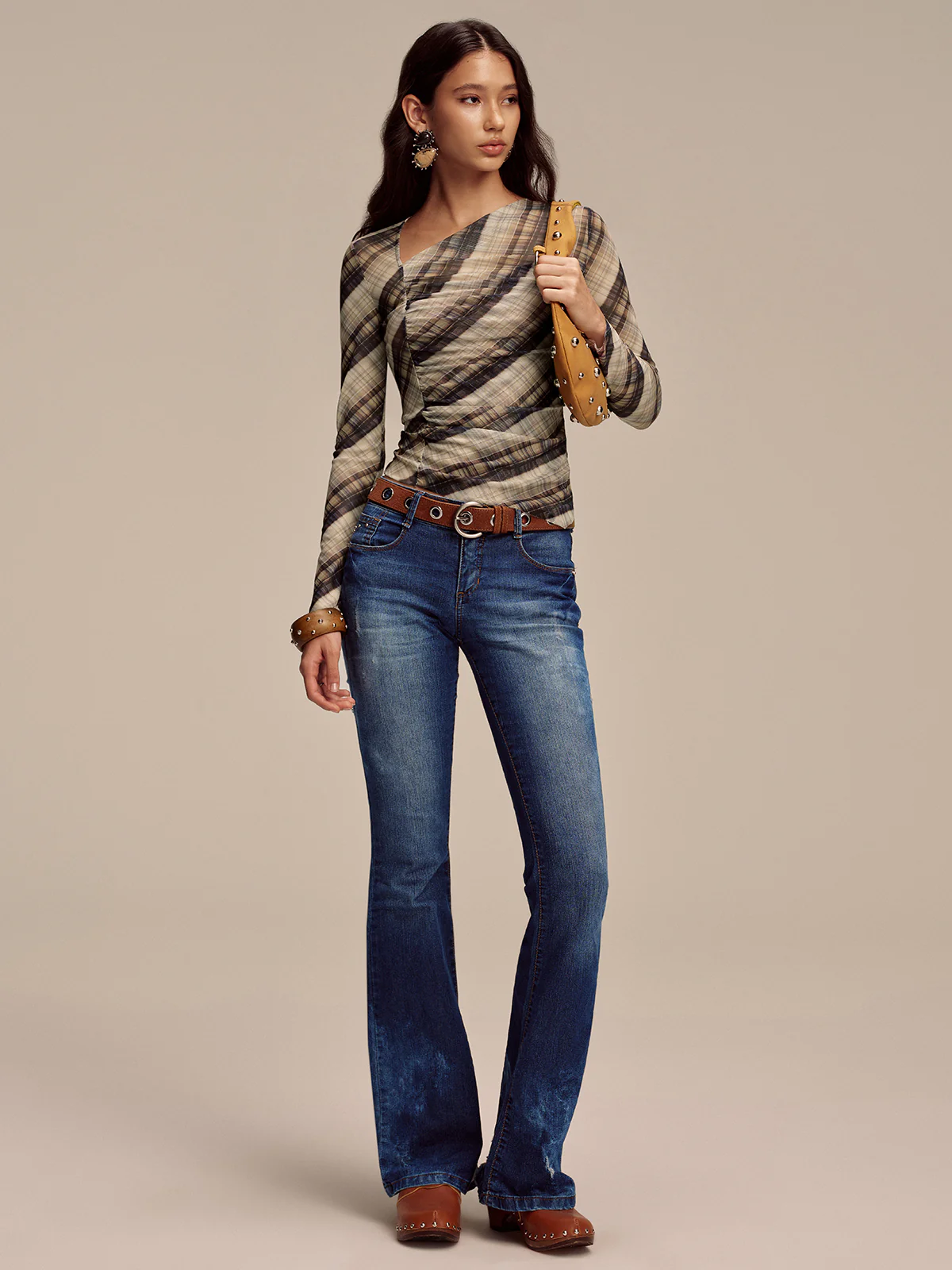 Semi-Sheer Mesh Asymmetric Ruched Blouse - Wholesalesil