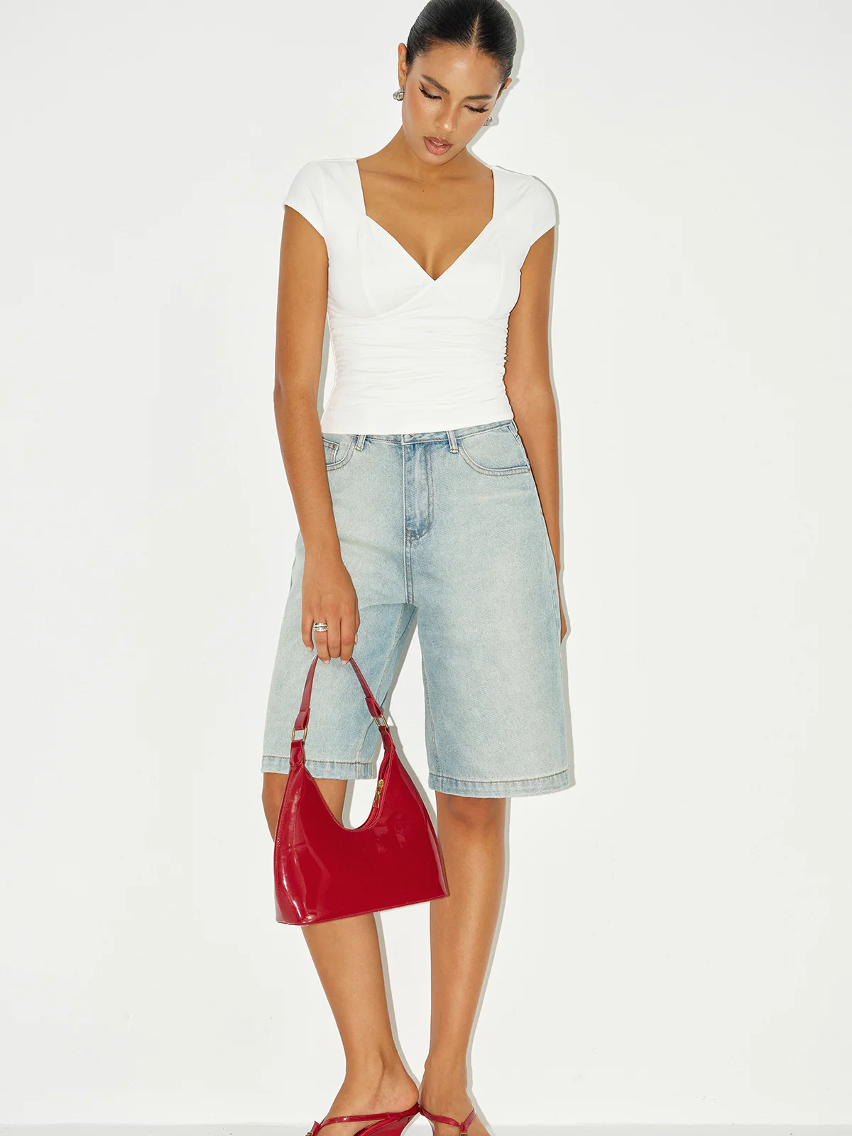 Mid-Waist Denim Bermuda Shorts - Wholesalesil