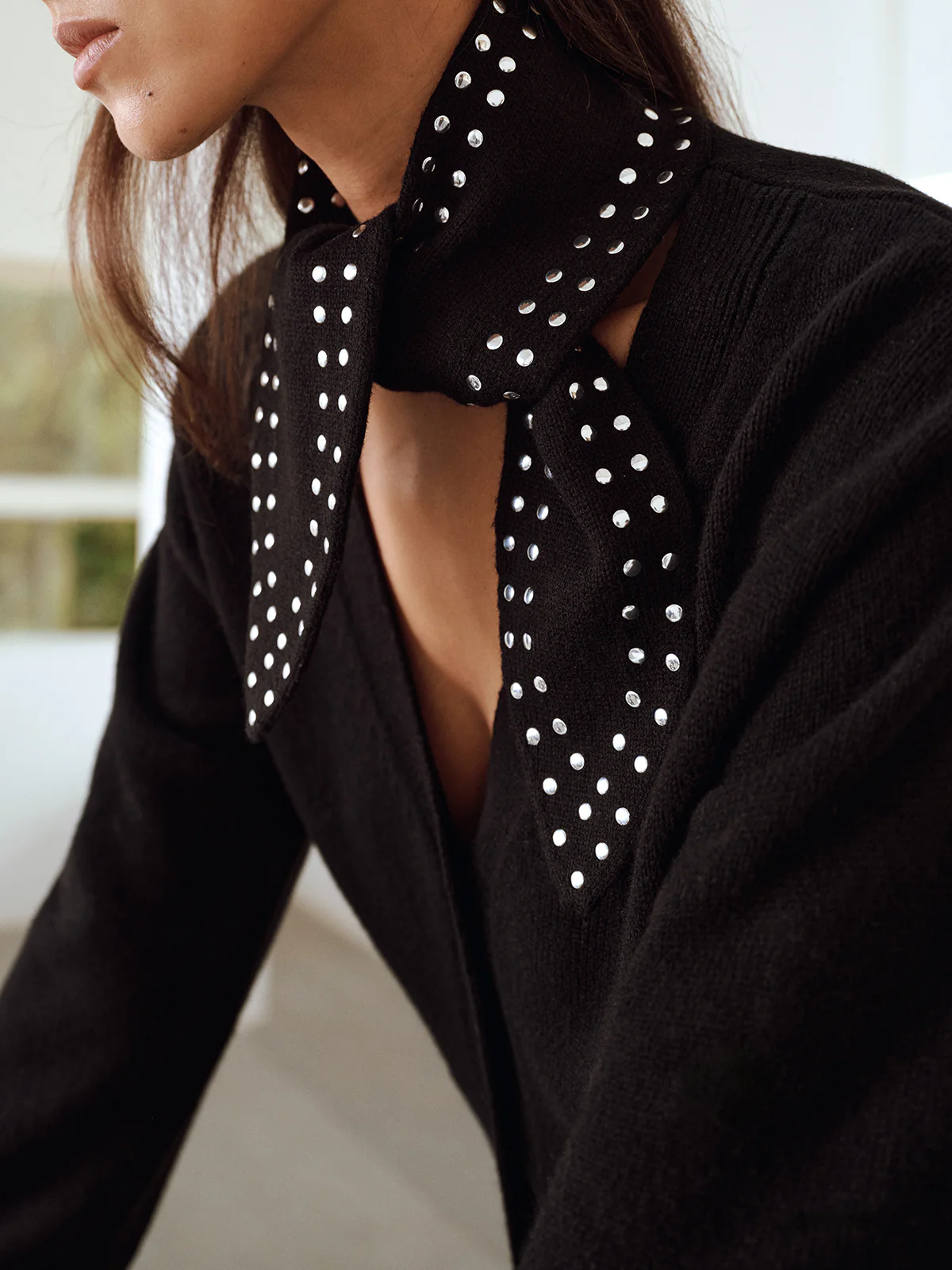 Wool Blend V-Neck Cardigan with Studded Scarf - Wholesalesil