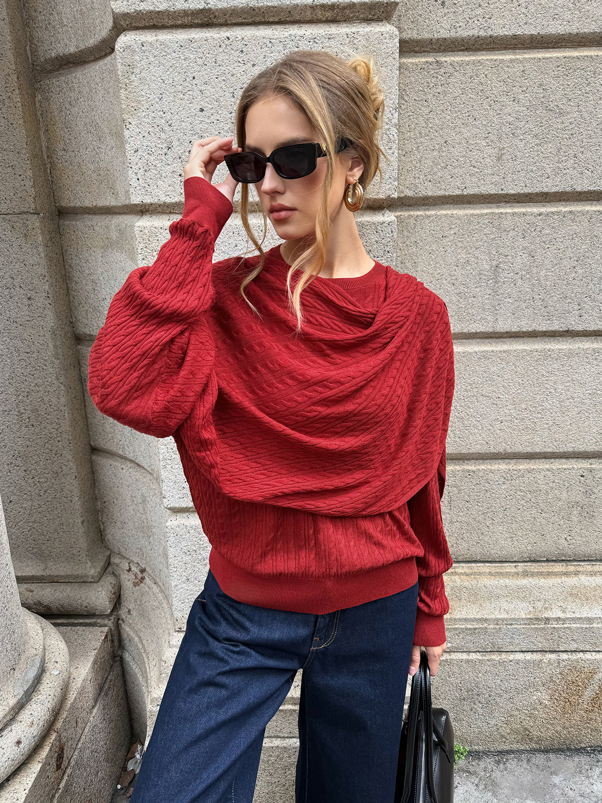 Wool Blend Cable Knit Draped Asymmetric Sweater - Wholesalesil