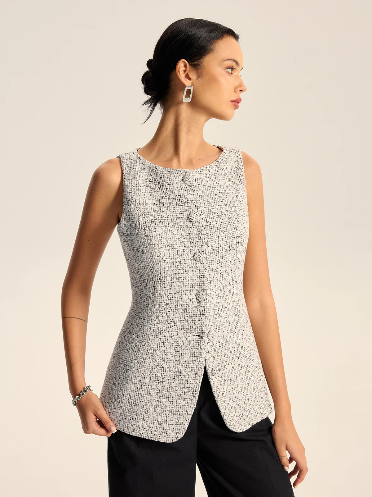 Textured Tweed Button Vest - Wholesalesil