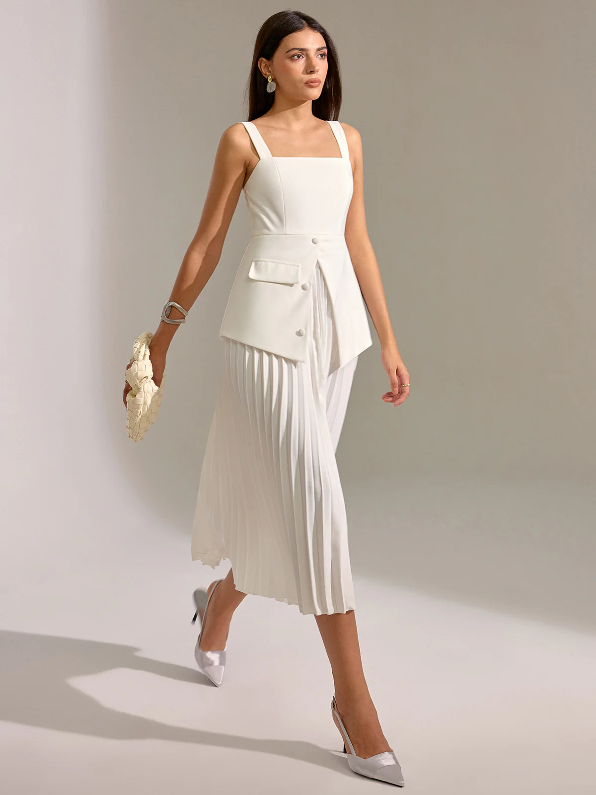 Square Neck Vest Panel Pleated Maxi Dress - Wholesalesil