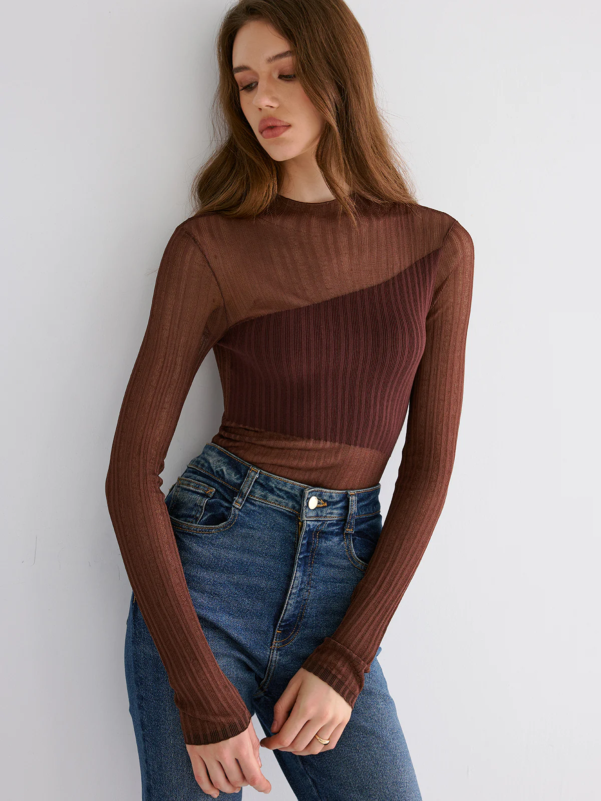 Mock Neck Contrast Mesh Top - Wholesalesil
