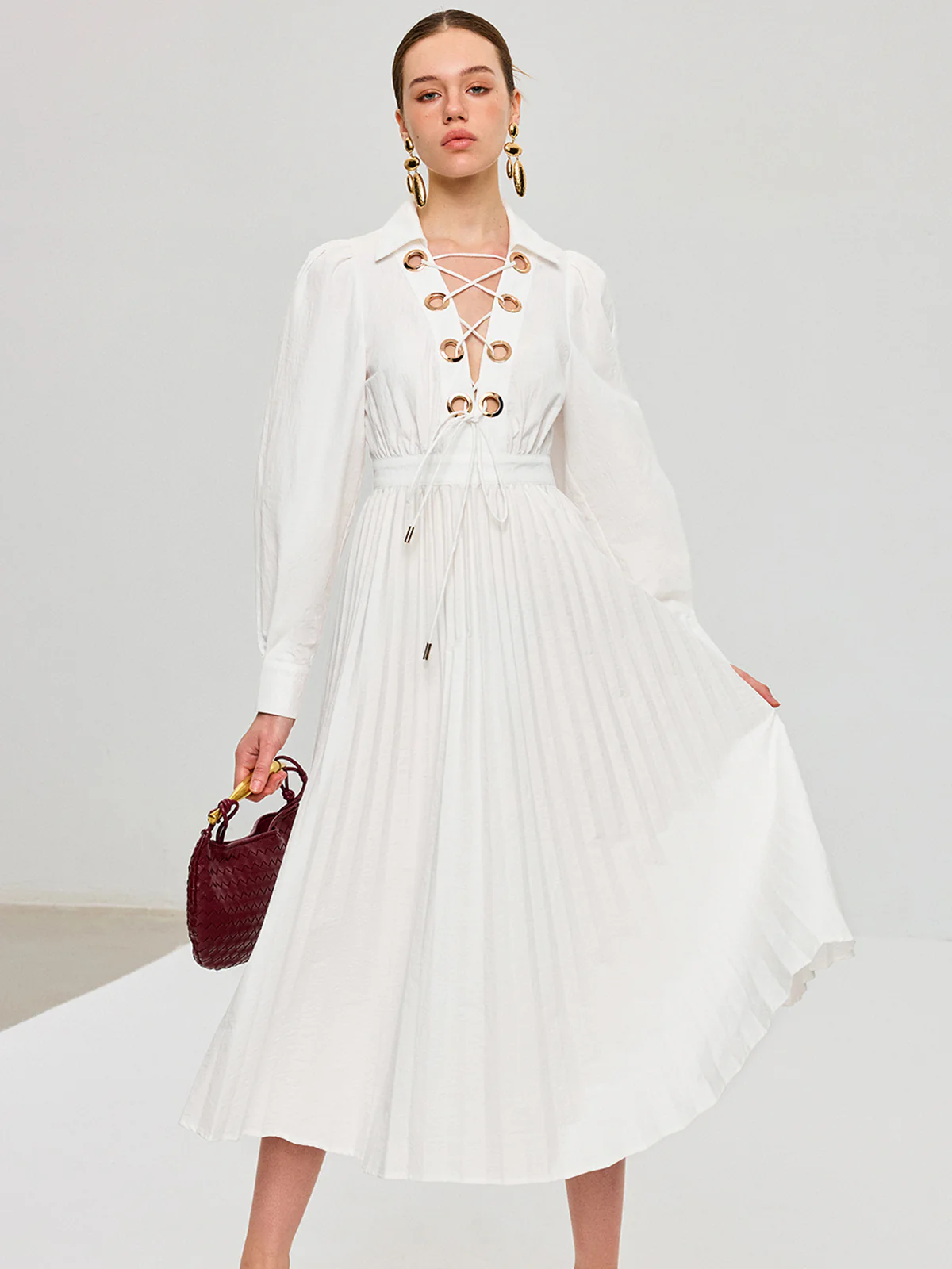 Lace-Up Pleated Midi Dress - Wholesalesil