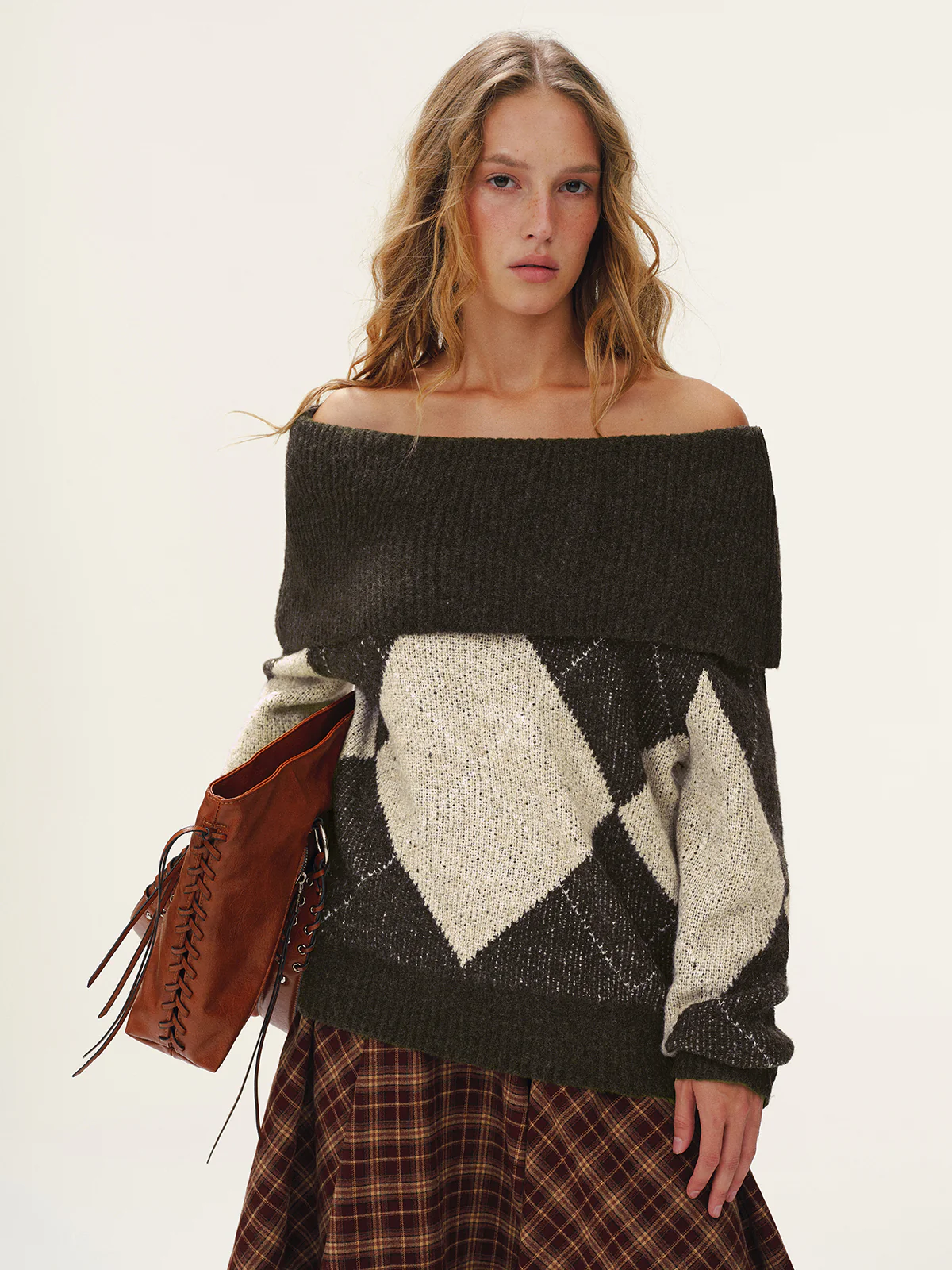 Argyle Pattern Off-Shoulder Sweater - Wholesalesil