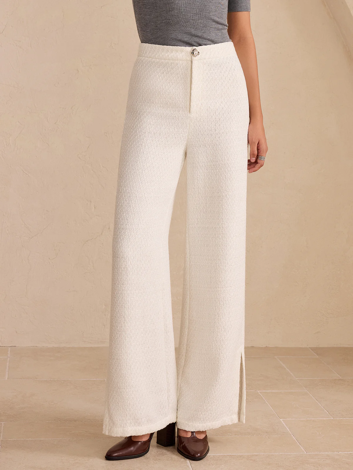 Tweed Side Slit Wide-Leg Pants - Wholesalesil