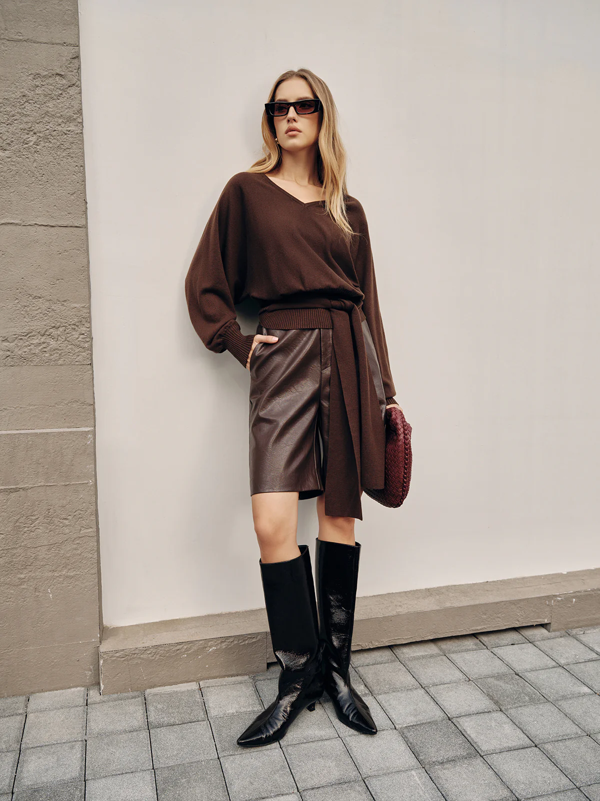 Tie-Waist V-Neck Wool-Blend Sweater - Wholesalesil