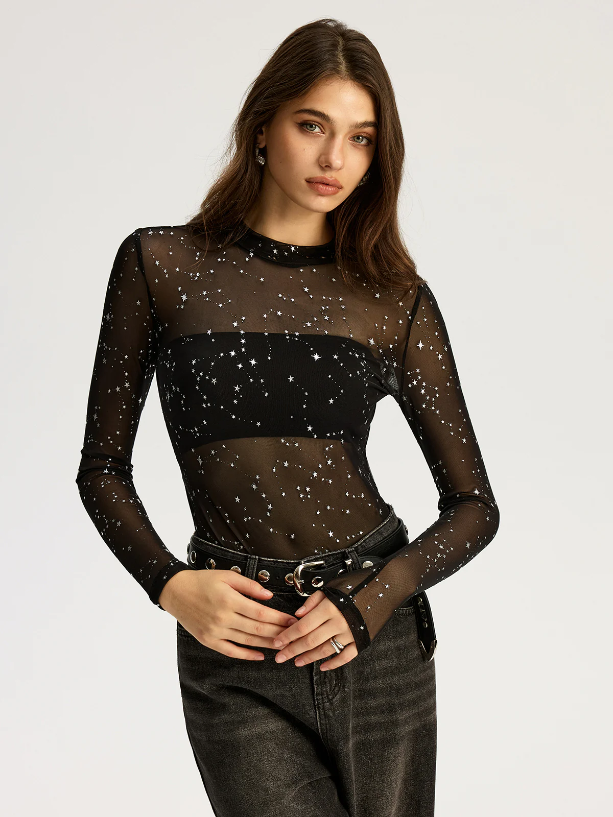 Glitter Star Sheer Mesh Long-Sleeve Bodysuit - Wholesalesil