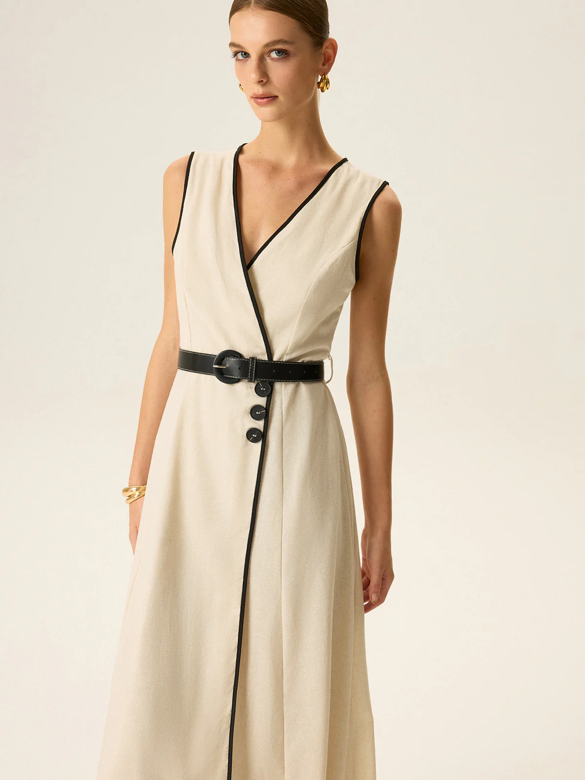 Contrast Trim Belted Midi Dress - Wholesalesil