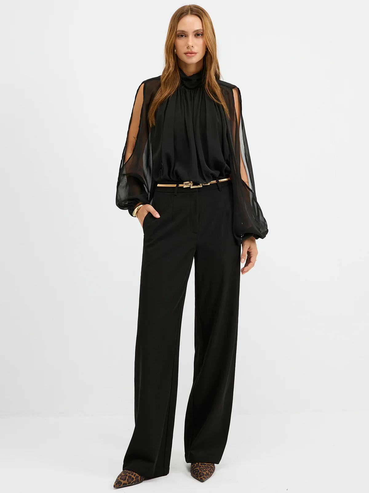 Sheer Chiffon Mock Neck Backless Blouse - Wholesalesil