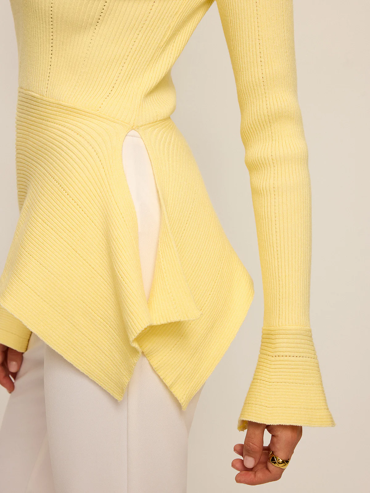 Asymmetric Hem Flare Sleeve Eyelet Sweater - Wholesalesil