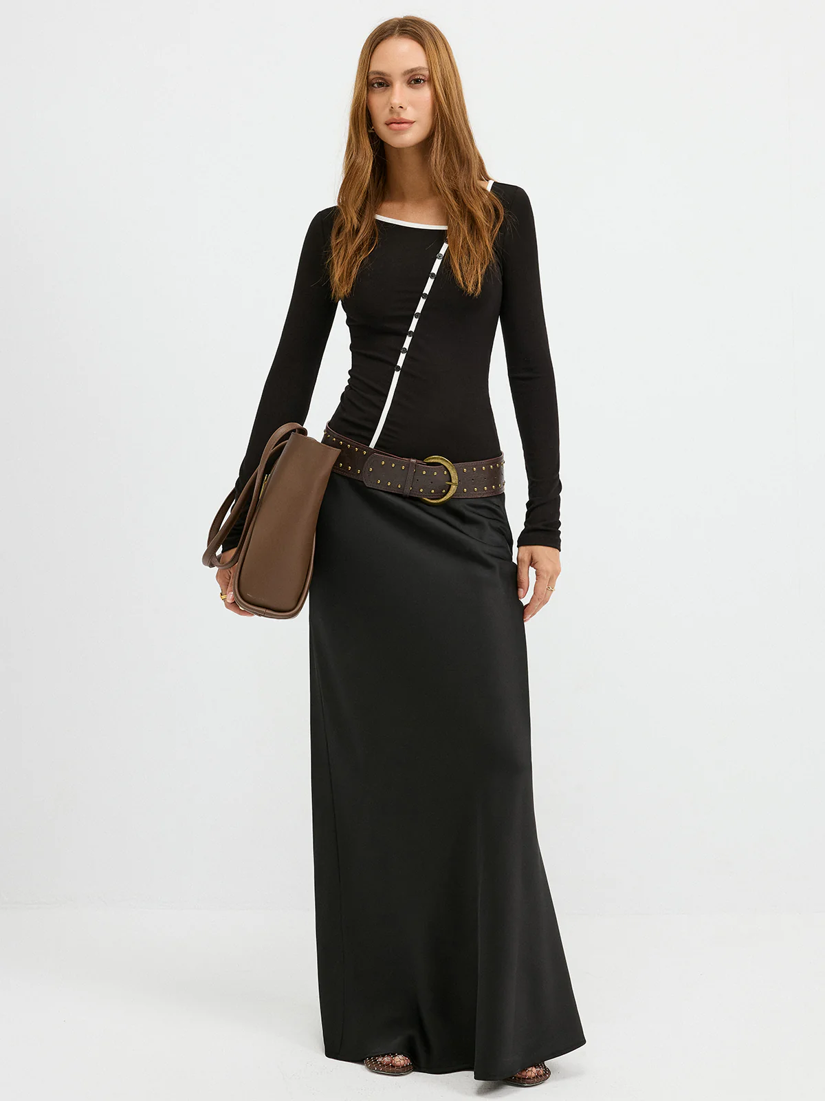 Contrast Trim Decor Button Asymmetric Collar Top - Wholesalesil