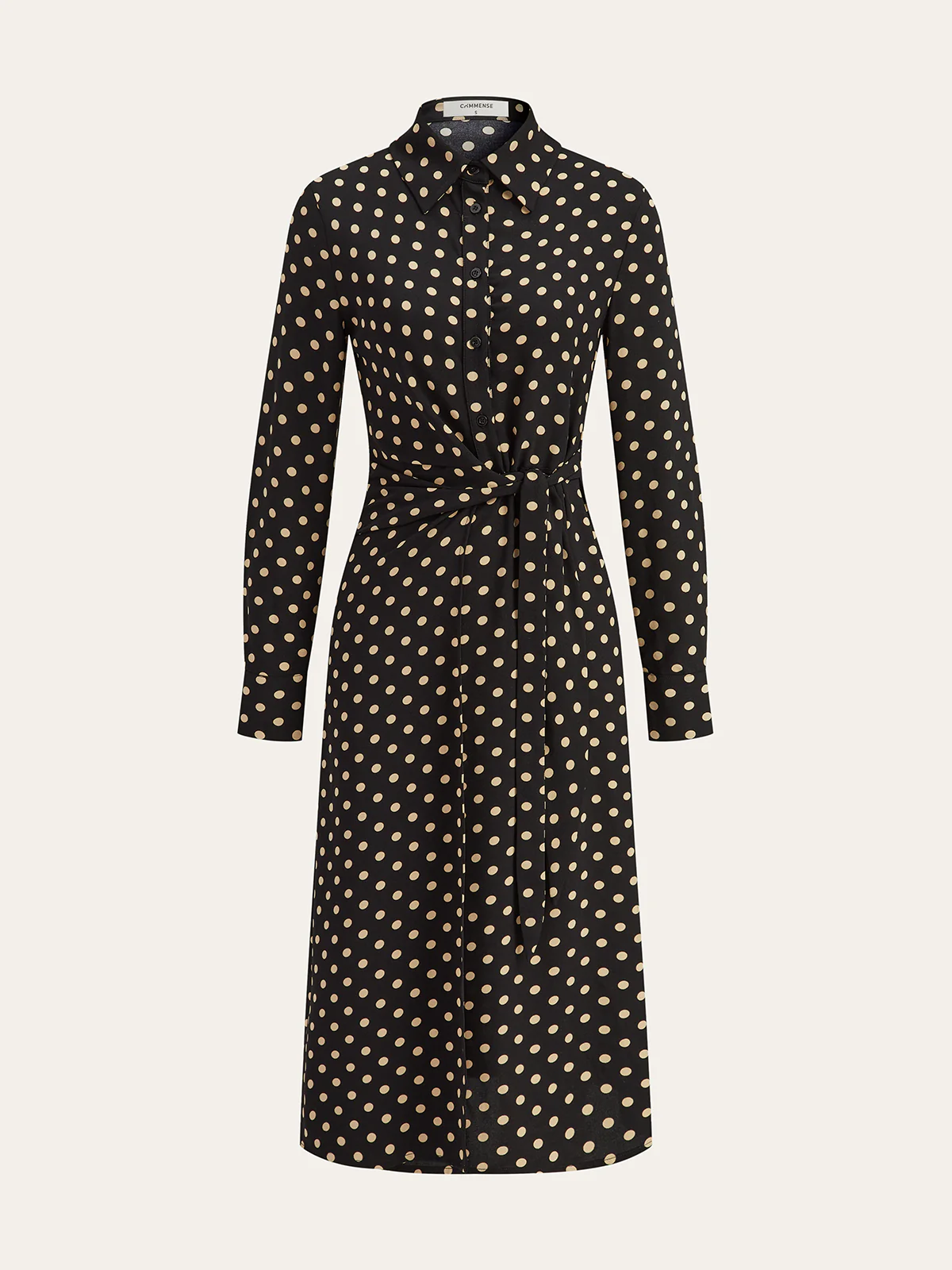 Polka Dot Shirt Collar Belted Long Sleeve Dress - Wholesalesil