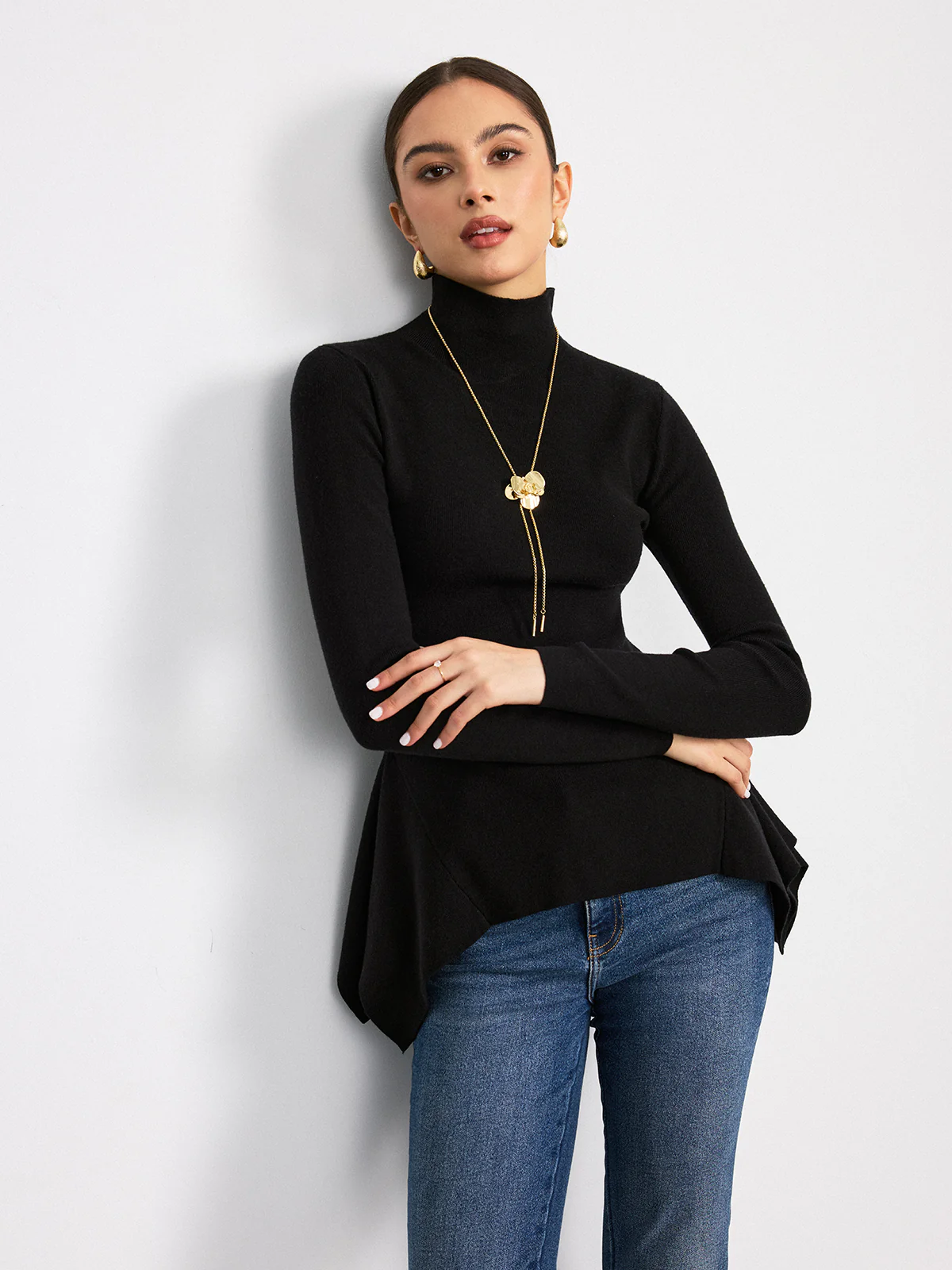 Turtleneck Asymmetric Peplum Sweater - Wholesalesil