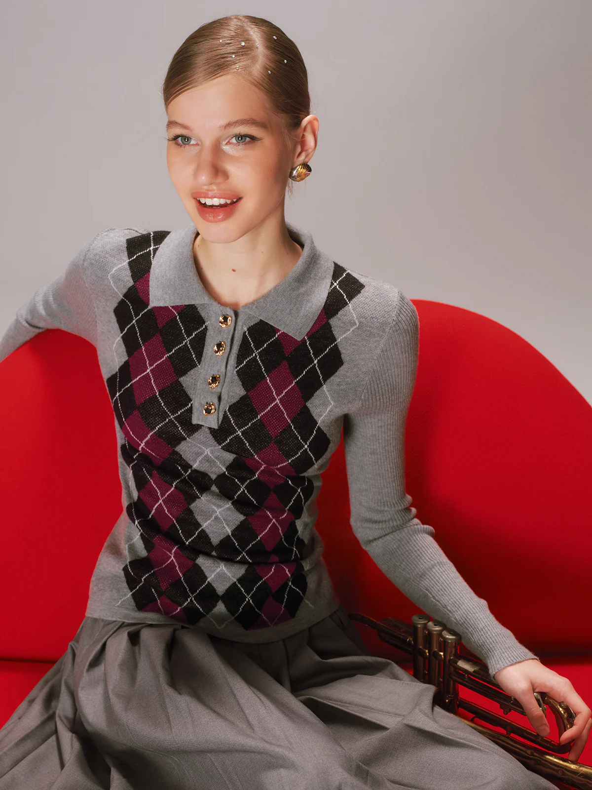 Argyle Wool-Blend Polo Knit Top - Wholesalesil