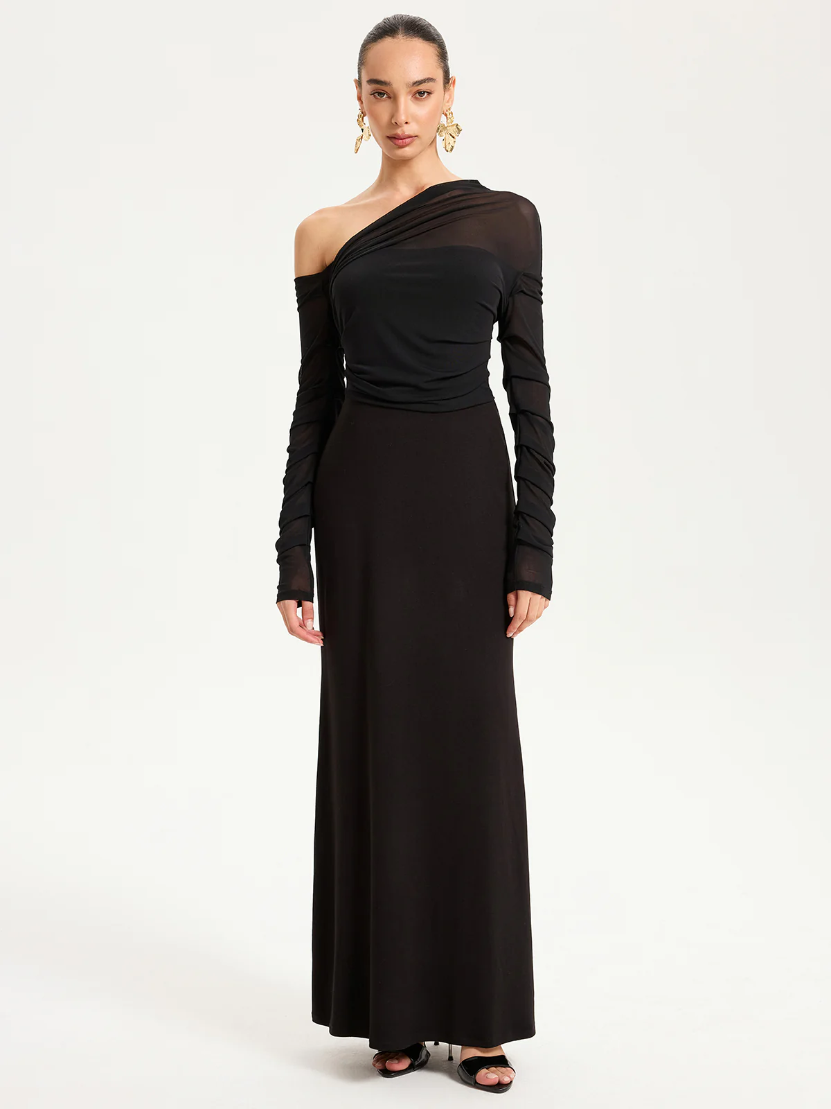 One-Shoulder Sheer Ruched Long Sleeve Maxi Dress - Wholesalesil