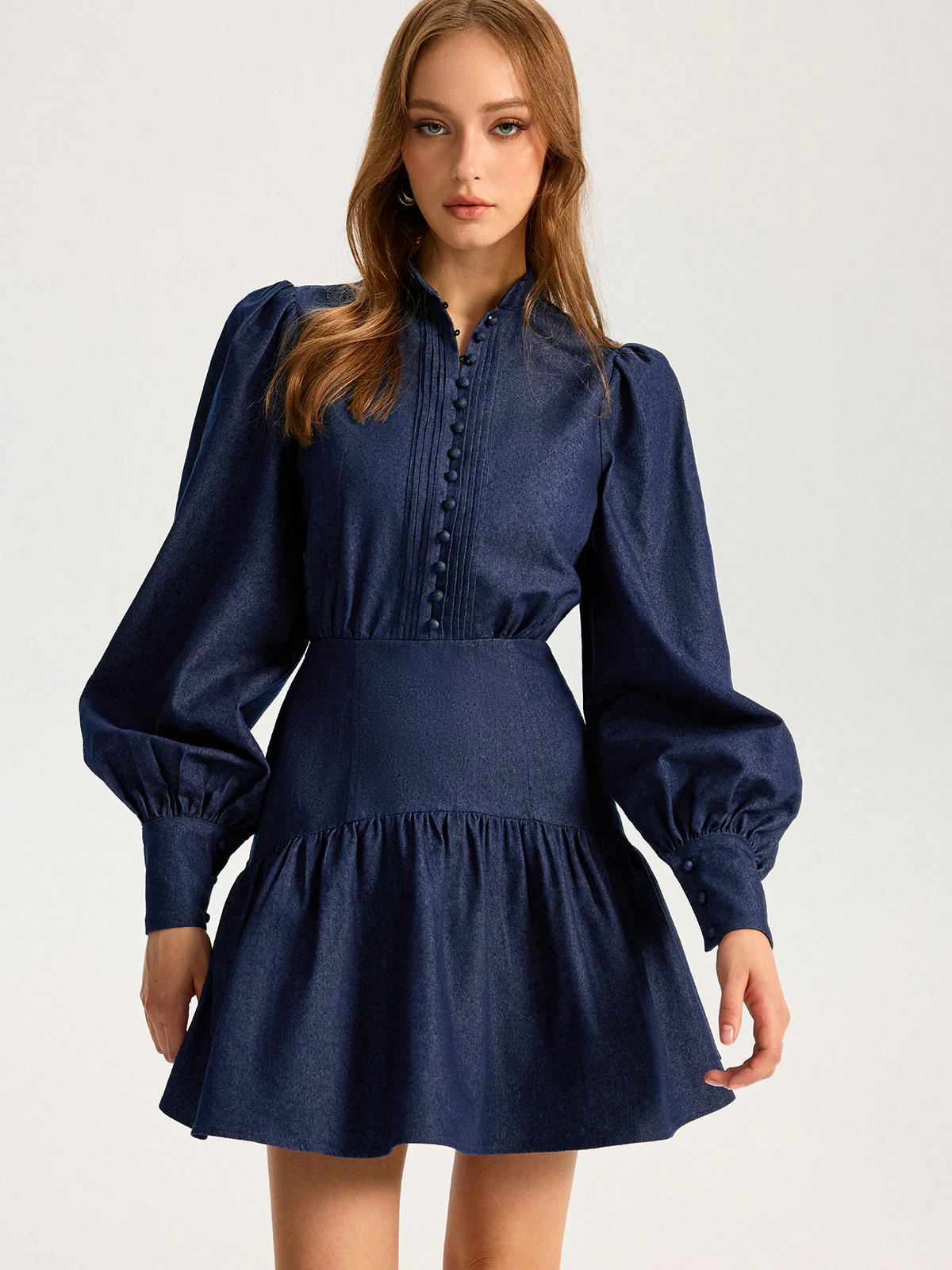 Denim Stand Collar Puff Sleeve Mini Dress - Wholesalesil