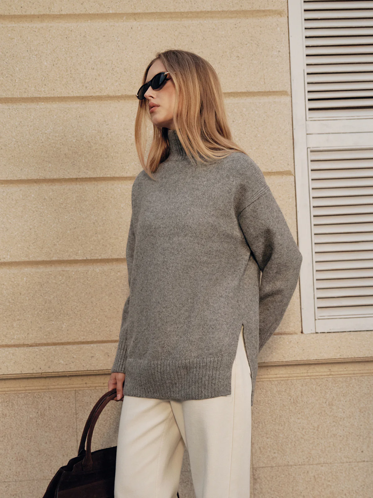 Wool Blend Turtleneck Side Slit Sweater - Wholesalesil