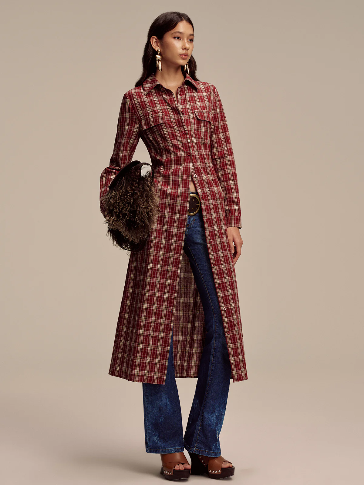 Plaid Button Front Shirt Dress - Wholesalesil