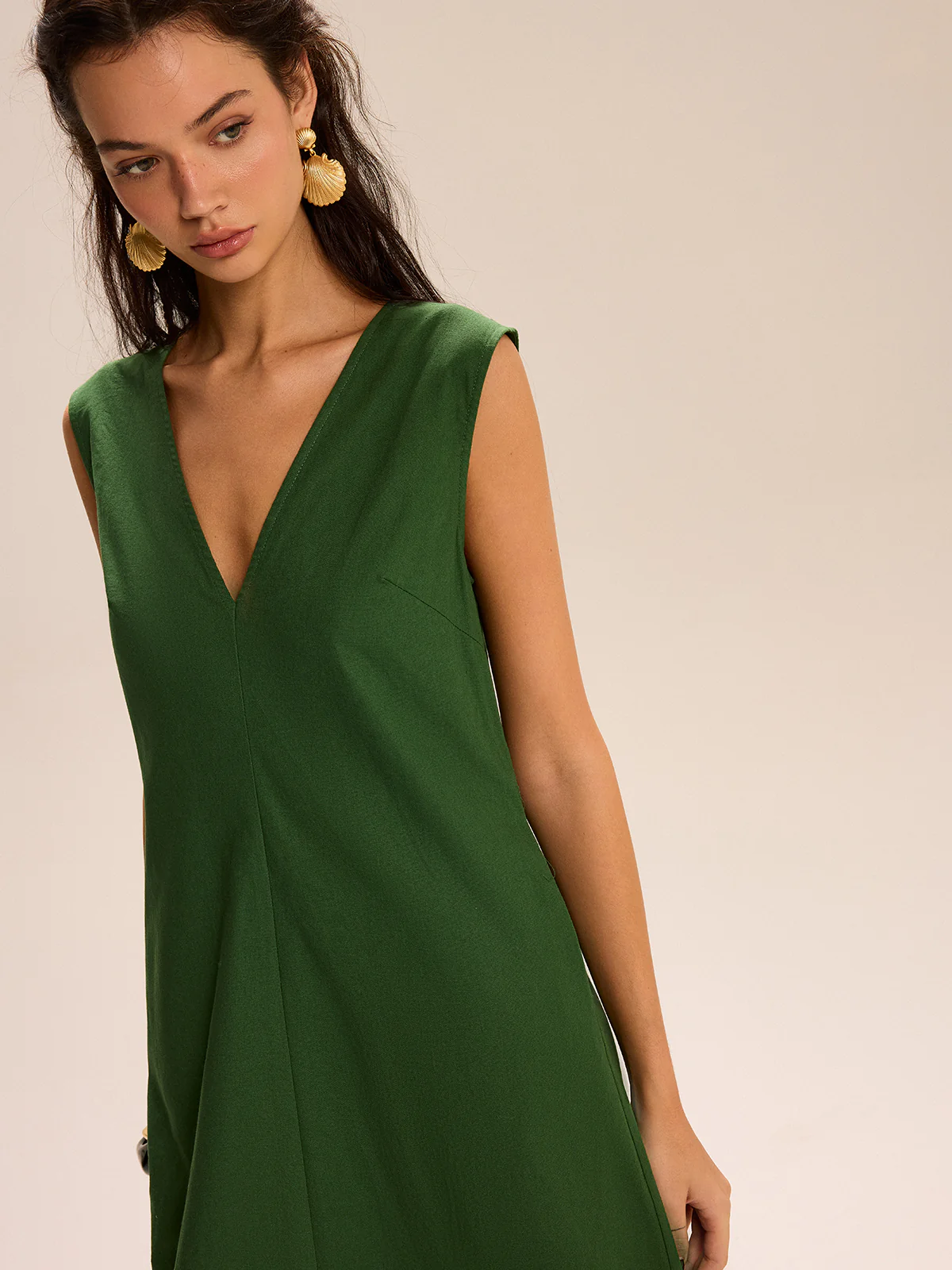 Linen & Cotton Pocketed V-Neck Maxi Dress - Wholesalesil