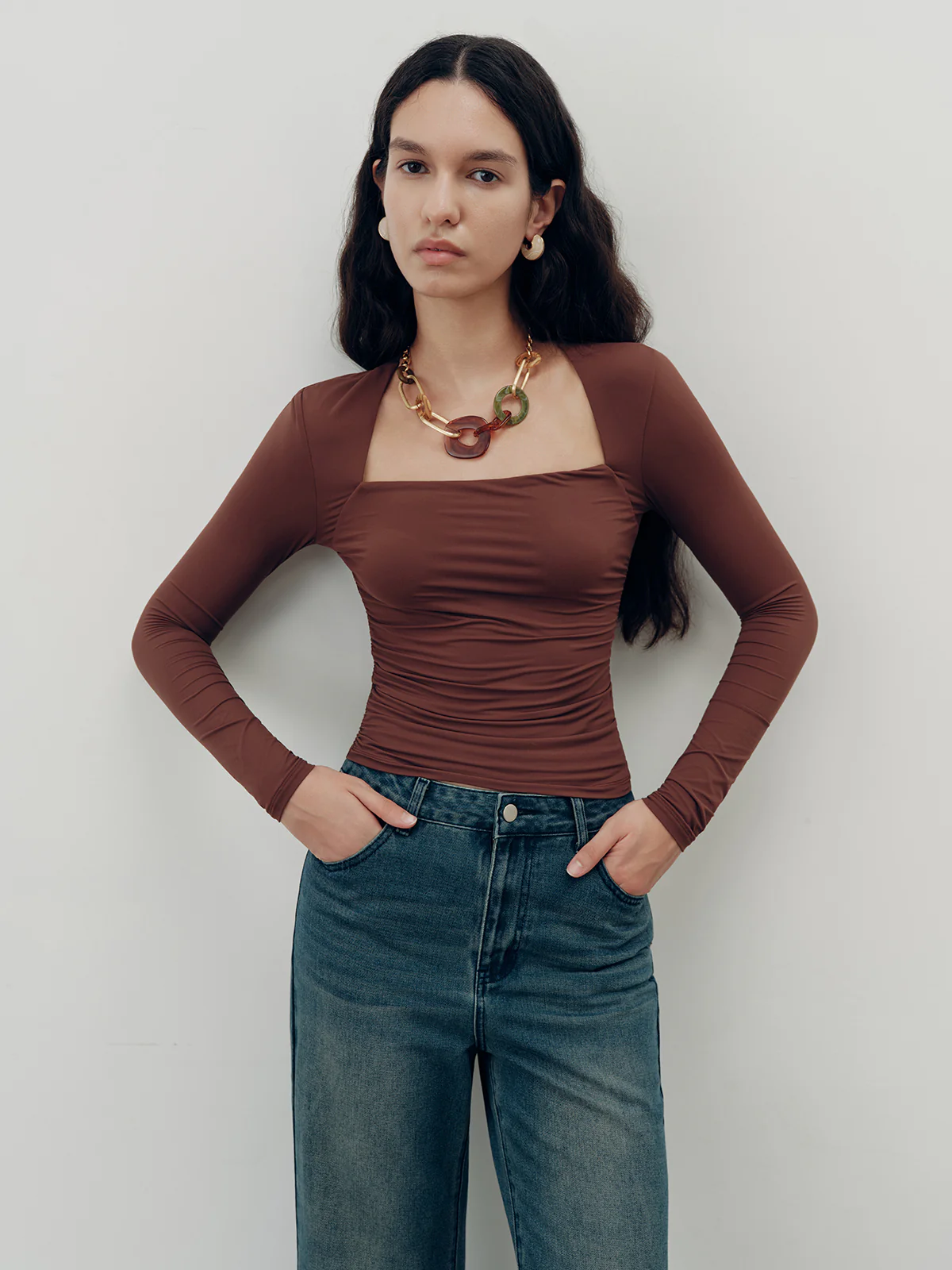 Square-Neck Ruched Long Sleeve Top - Wholesalesil