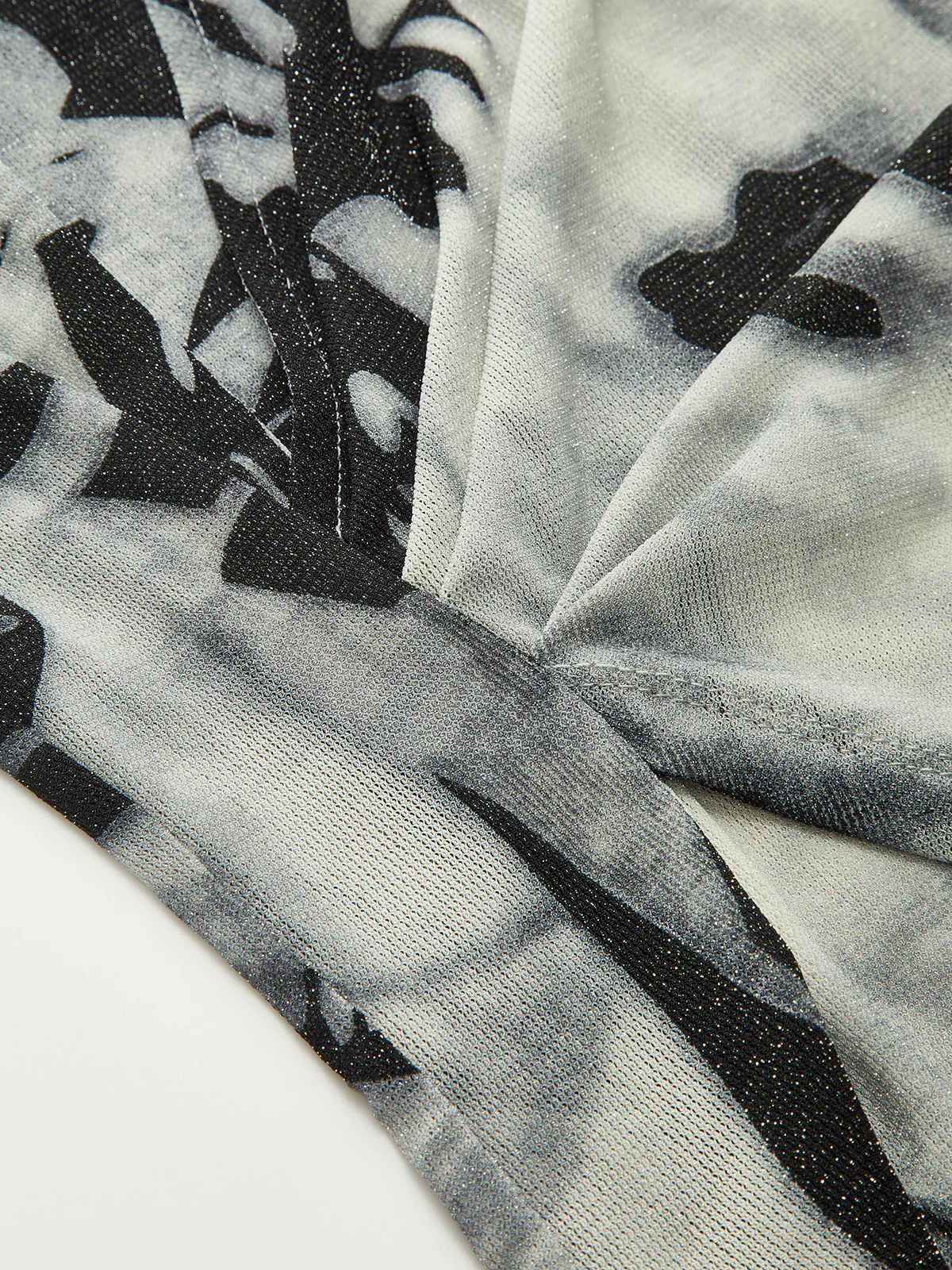 Semi-Sheer Long Sleeve Mesh Marble Print Wrap Blouse - Wholesalesil