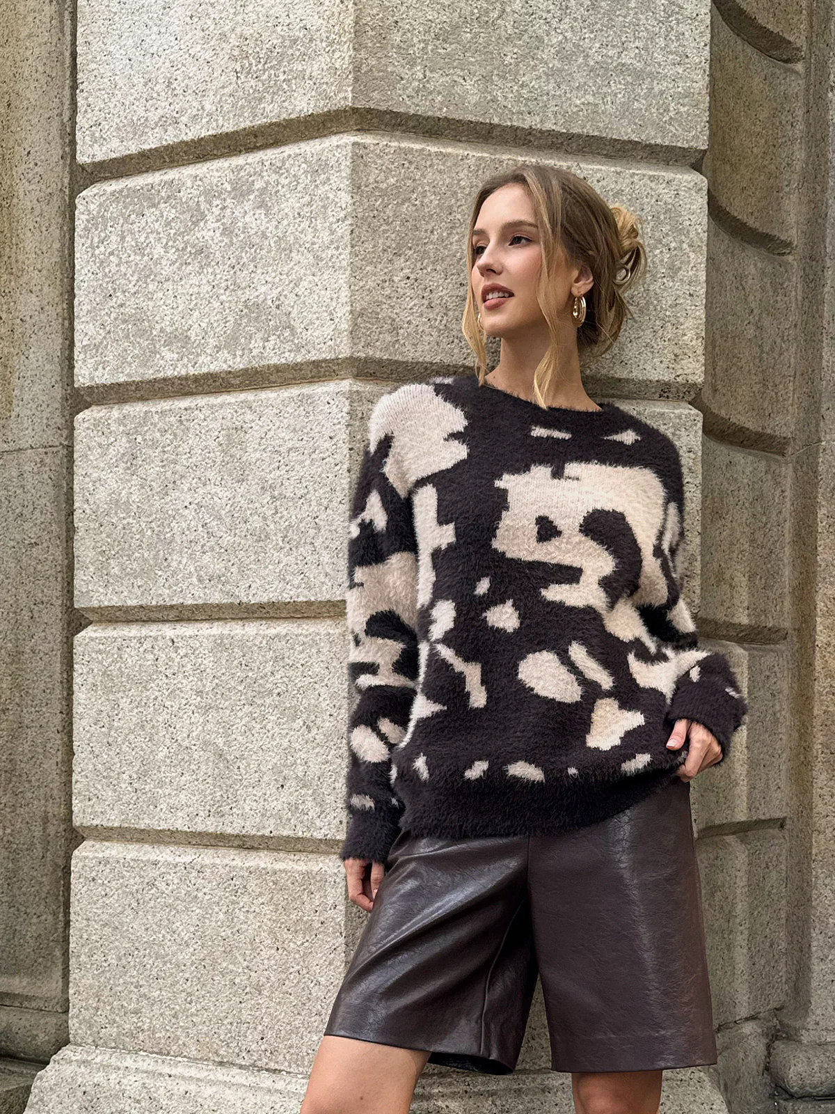 Cow Print Fuzzy Crew Neck Sweater - Wholesalesil
