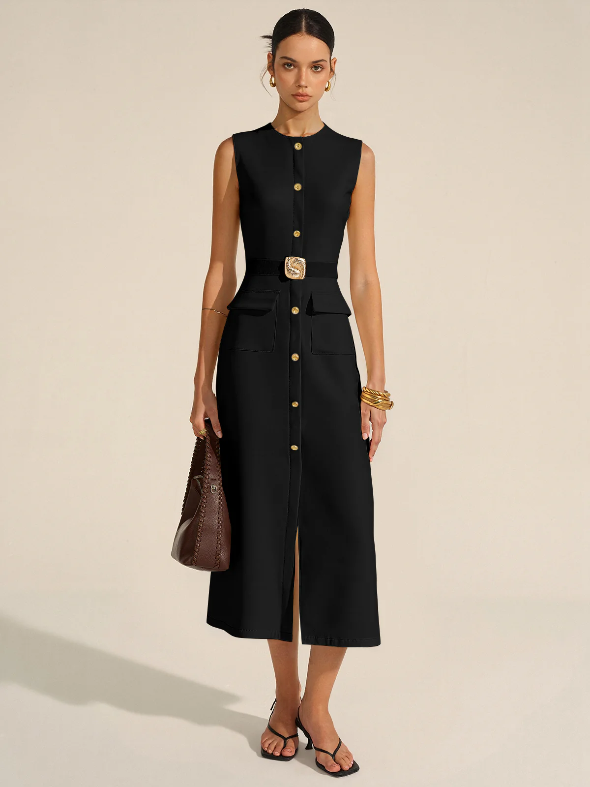 Button-Front Belted Maxi Dress - Wholesalesil