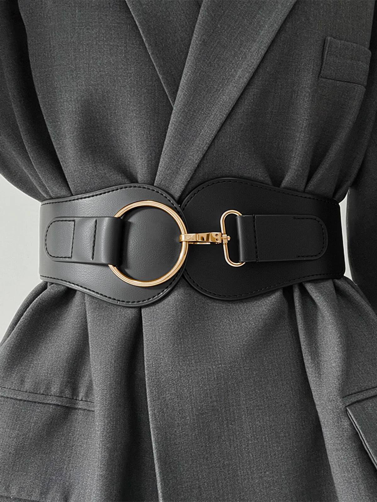 Golden Circular Buckle PU Leather Wide Belt - Wholesalesil