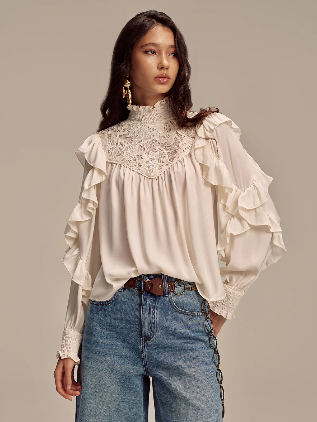 Embroidered Mock Neck Ruffled Blouse - Wholesalesil