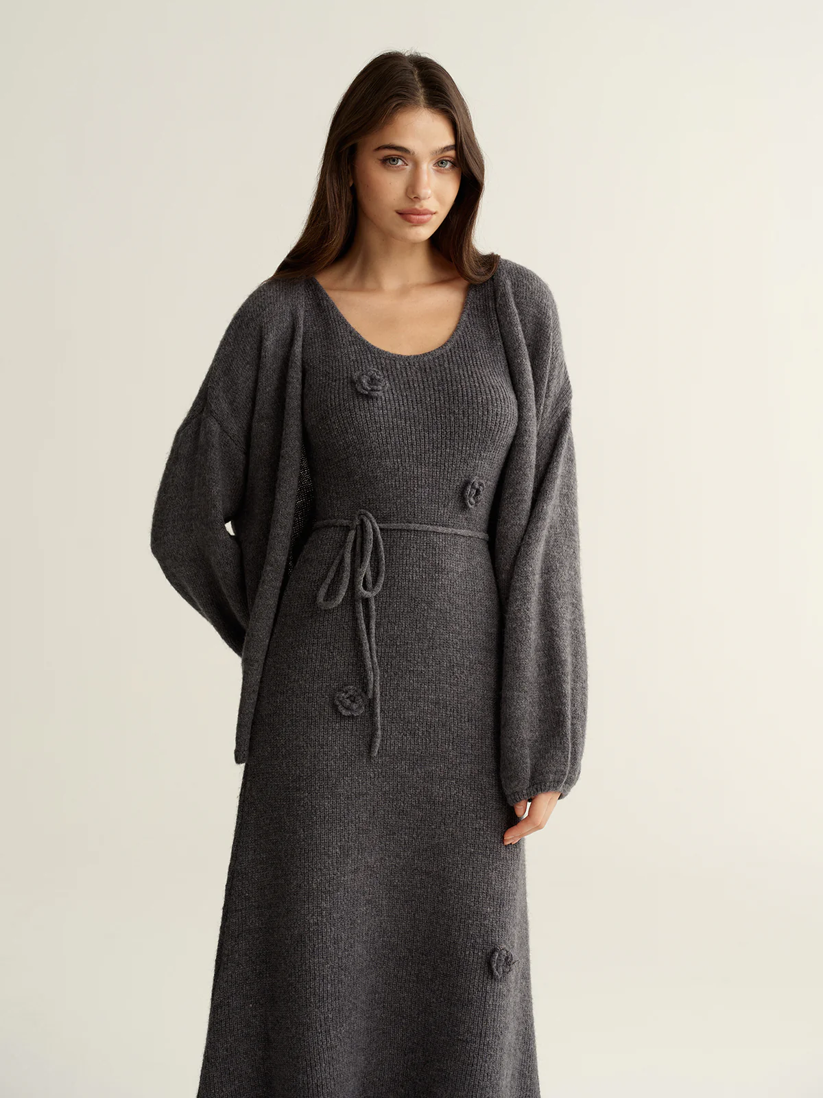 3D Floral Knit Dress & Cardigan Two-Piece Set - Wholesalesil