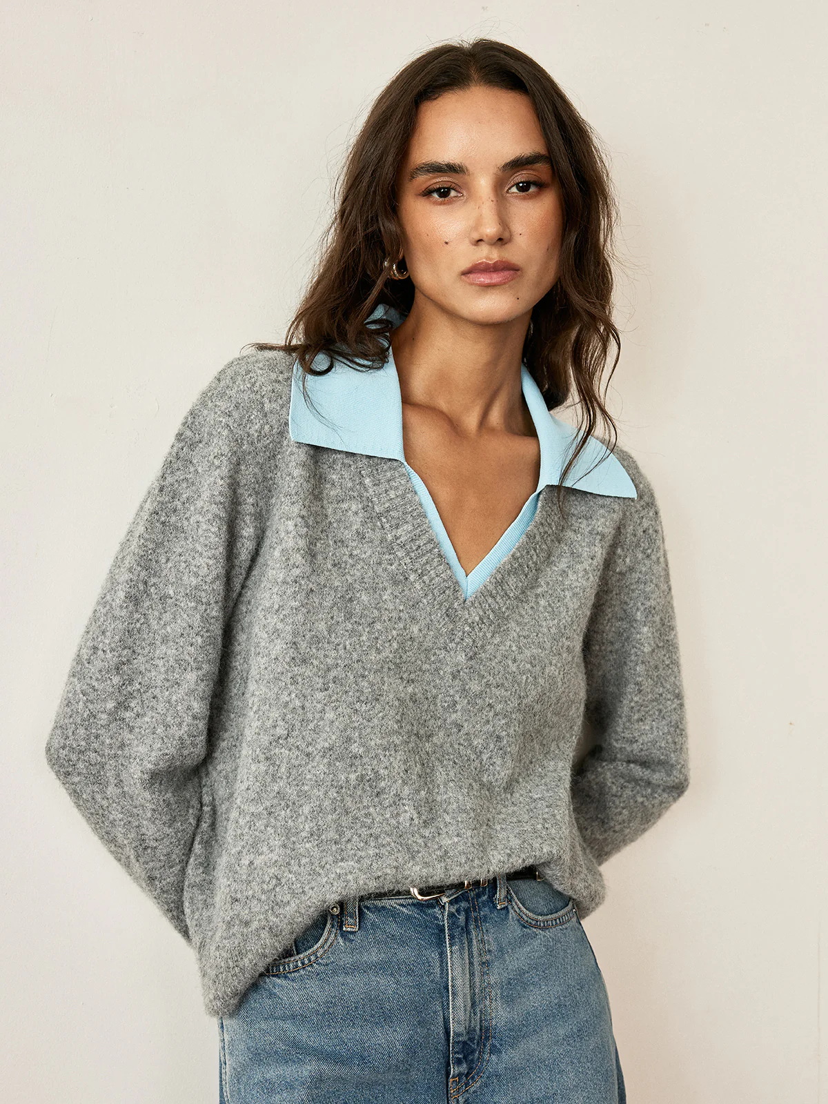 Contrast Collar Wool Blend Sweater - Wholesalesil