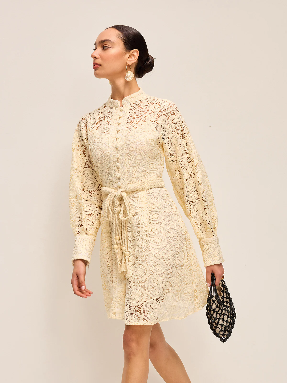 Semi-Sheer Lace Belted Dress - Wholesalesil