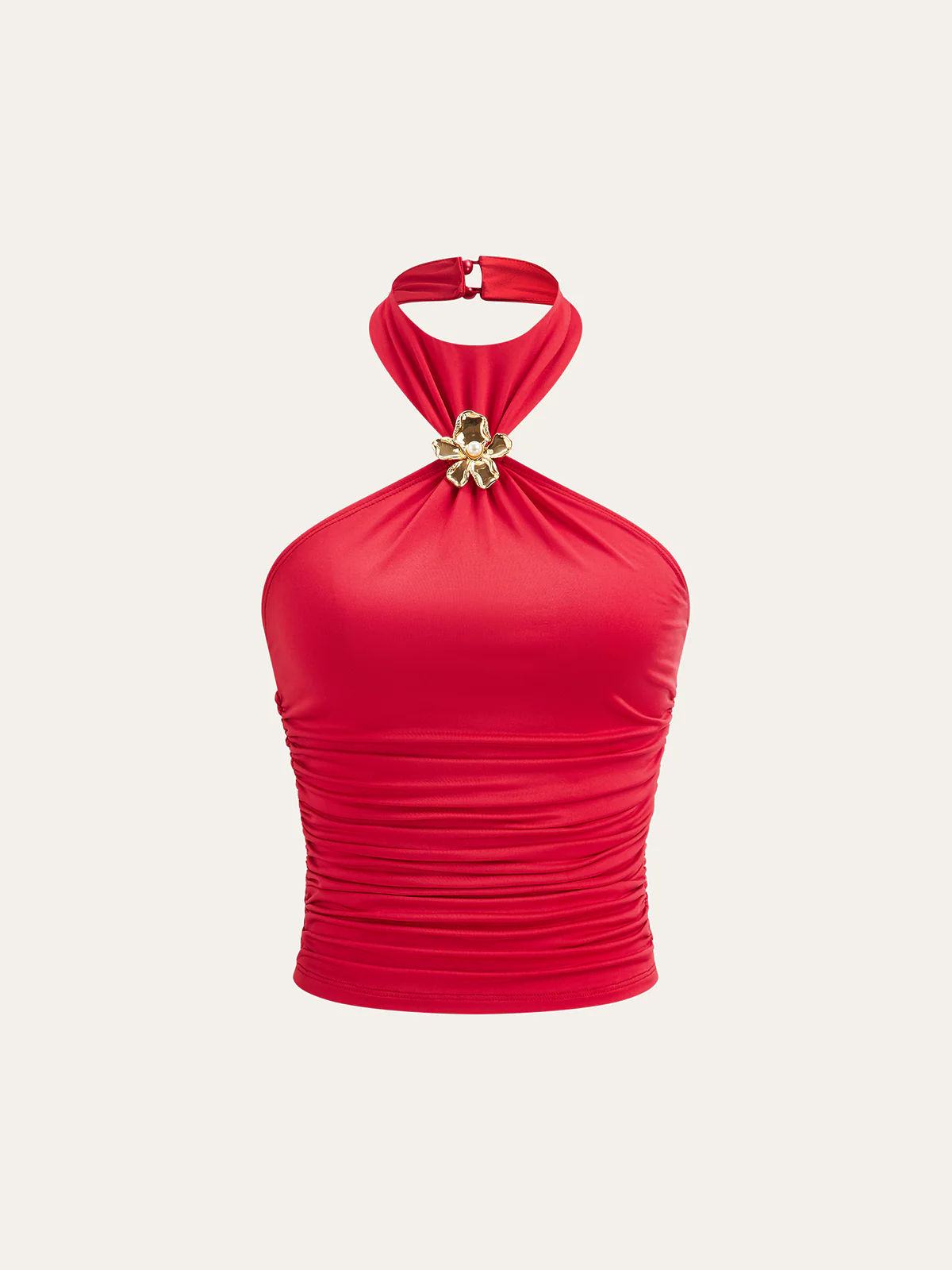 Semi-Sheer Halter Neck Ruched Top with Metal Floral Decor - Wholesalesil