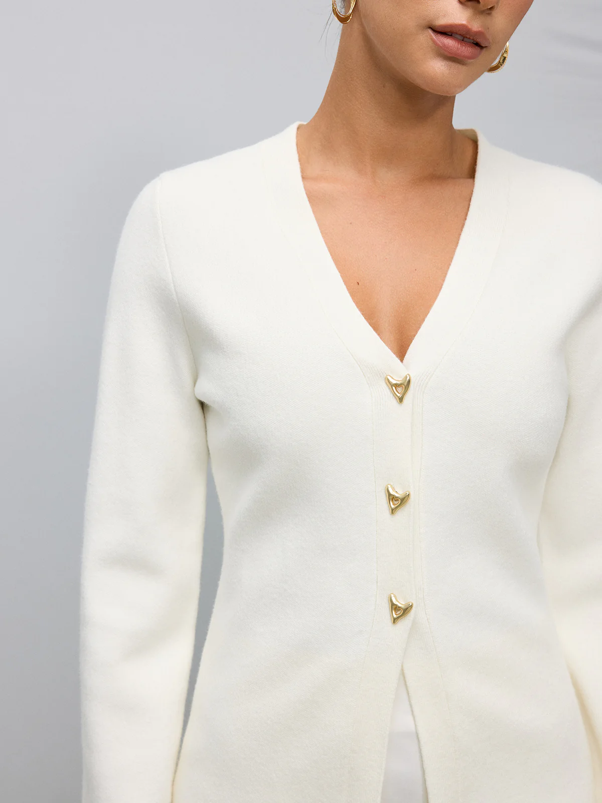 Metal Button V-Neck Knitted Cardigan - Wholesalesil