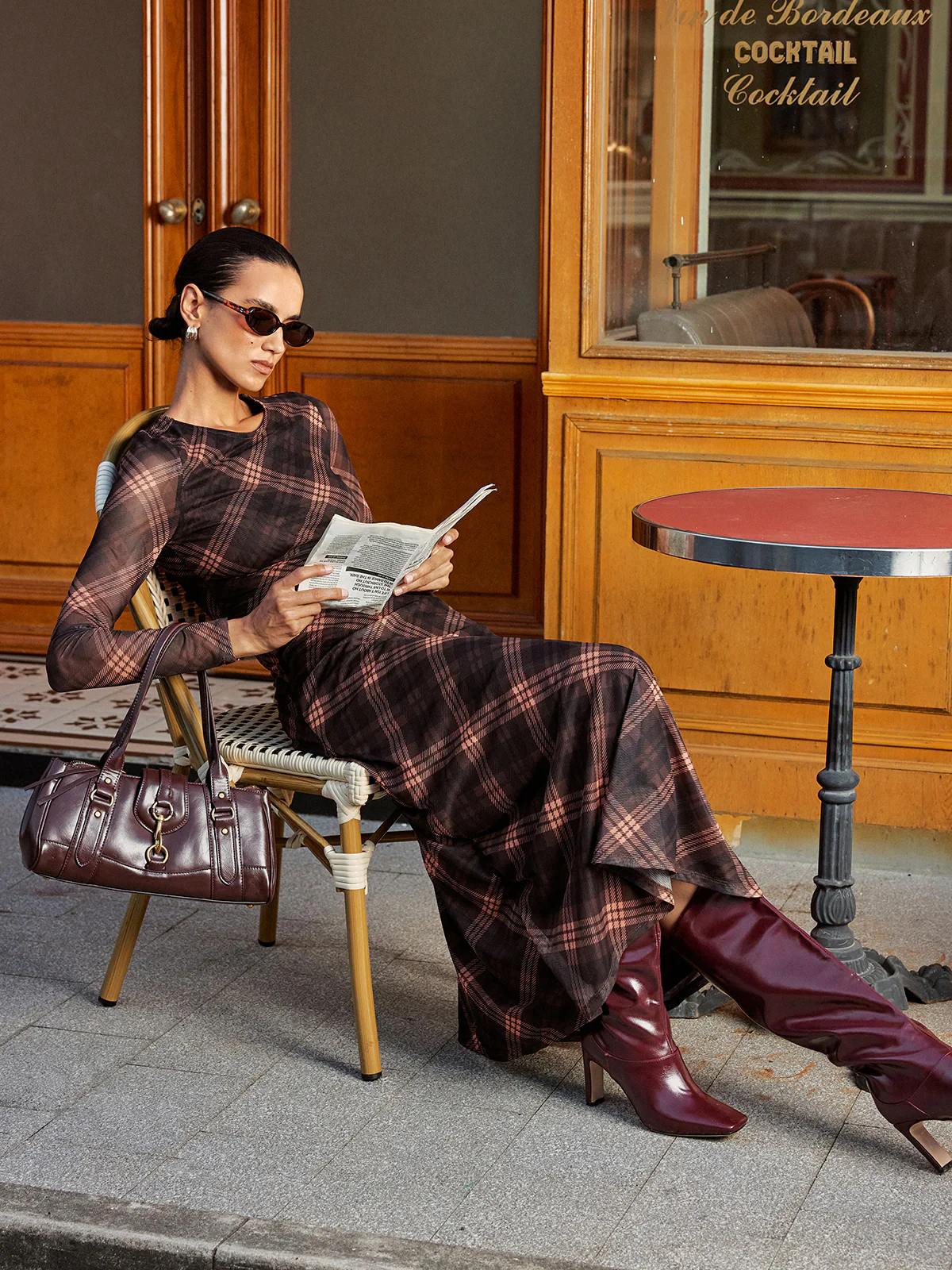 Plaid Mesh Long Sleeve Maxi Dress - Wholesalesil