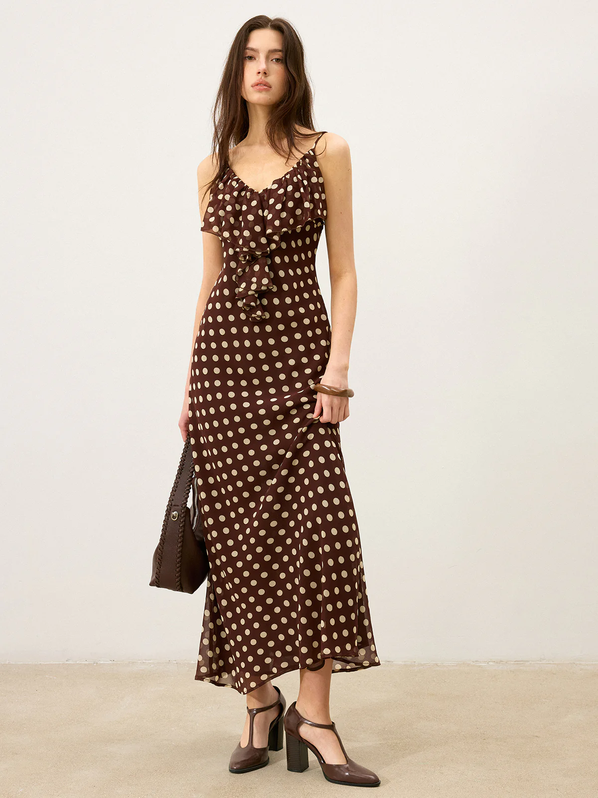 Semi-Sheer Polka Dot Ruffle Cami Maxi Dress - Wholesalesil